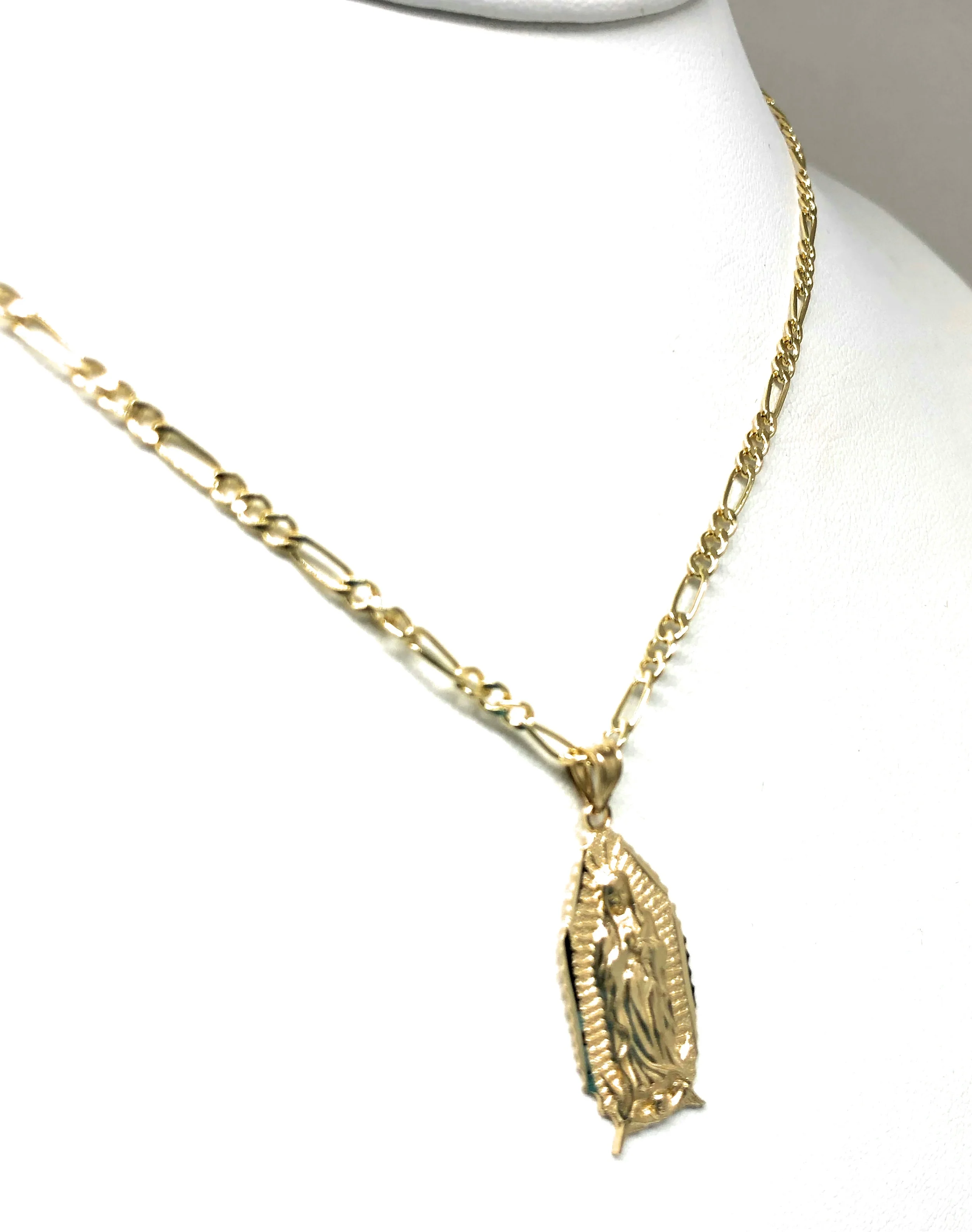 14k Solid Gold Yellow Classic Virrgin Mary Pendant Virrgen Guadalupe Figaro Chain - Image 7