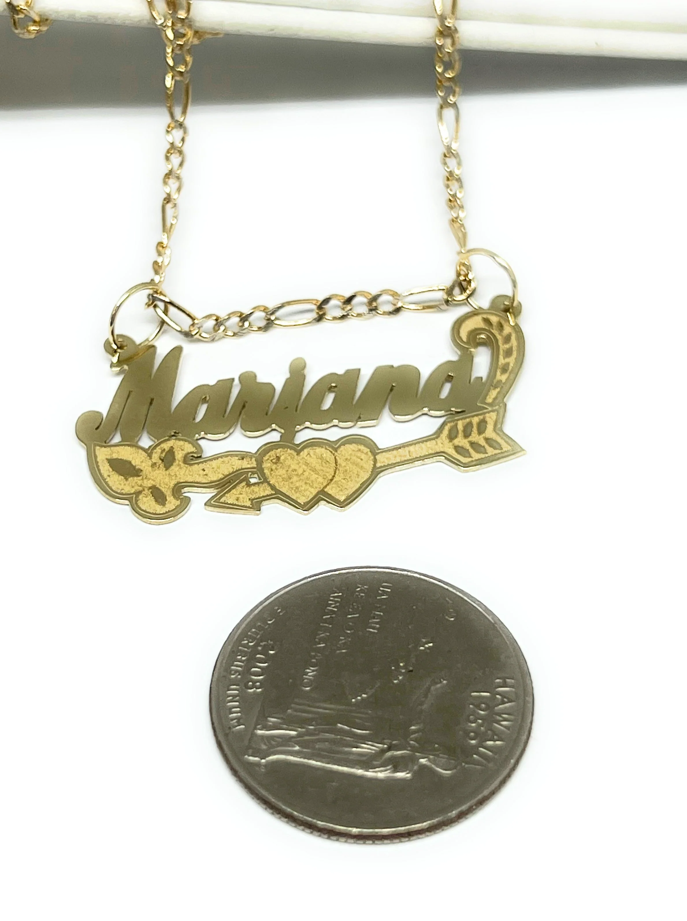 14k Solid Gold Yellow Cursive CUPID HEART ARROW Custom Nameplate Pendant Necklace with Chain Options - Image 2