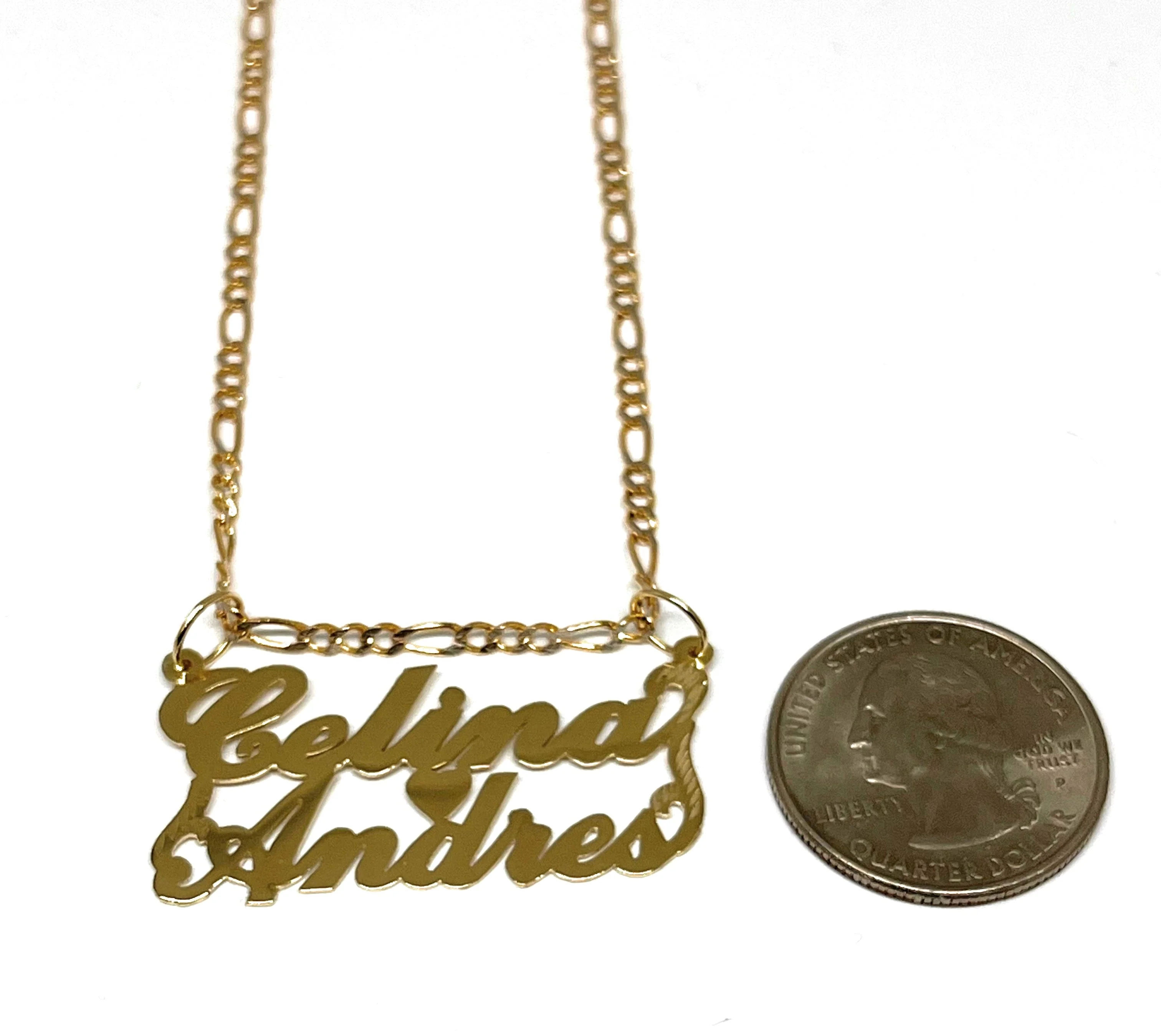 14k Solid Gold Yellow Custom Heart 2 Names Pendant Necklace with Chain Options - Image 2