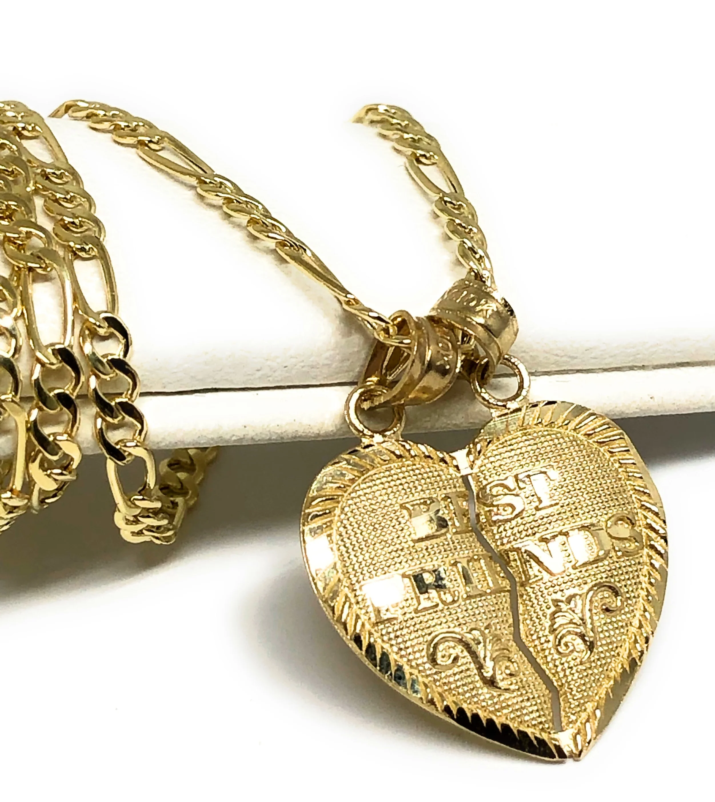 14k Solid Gold Yellow Gold “Best Friends" Heart Split Pendant FIGARO CHAIN(SM,MED)