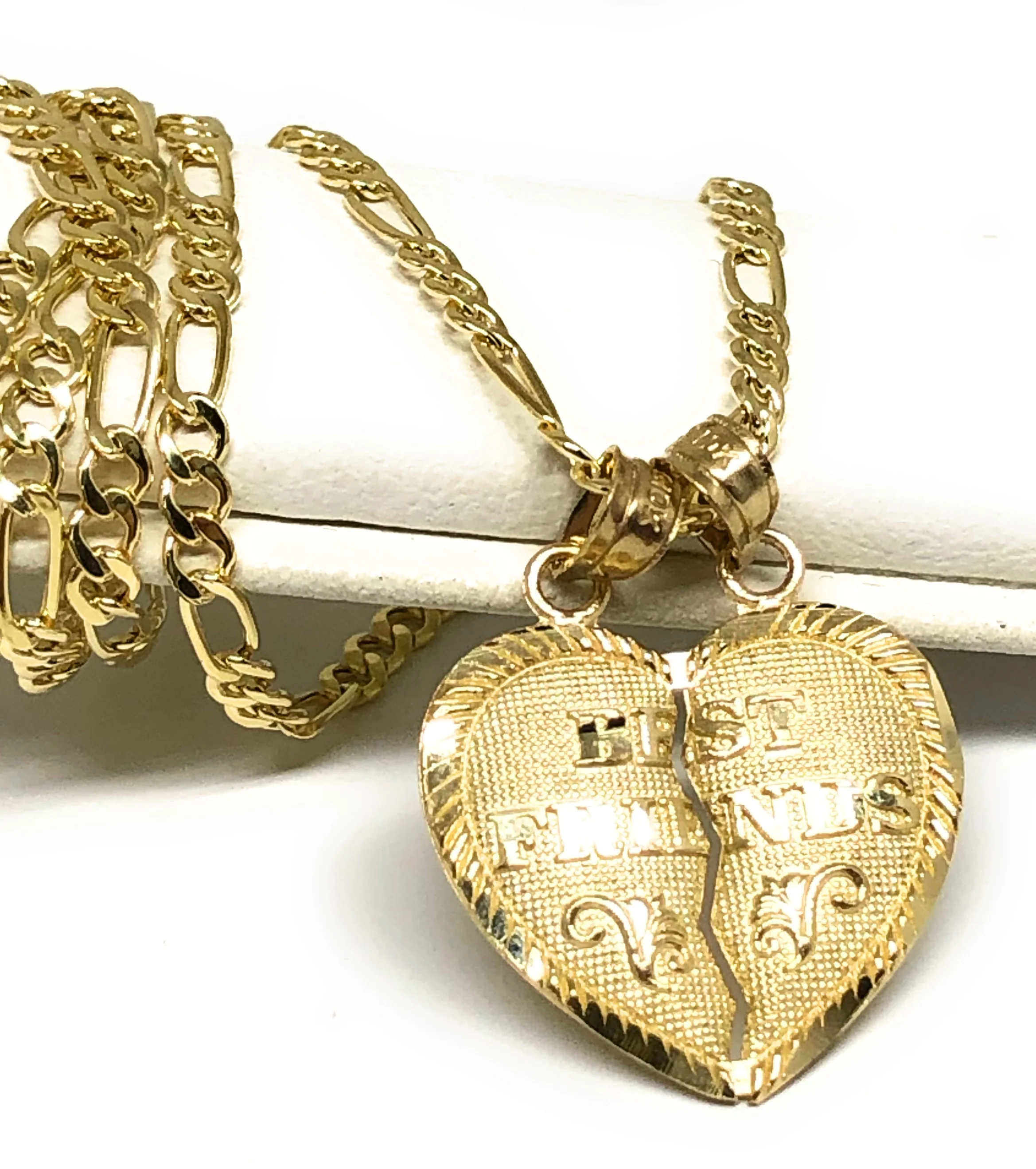 14k Solid Gold Yellow Gold “Best Friends" Heart Split Pendant FIGARO CHAIN(SM,MED) - Image 3