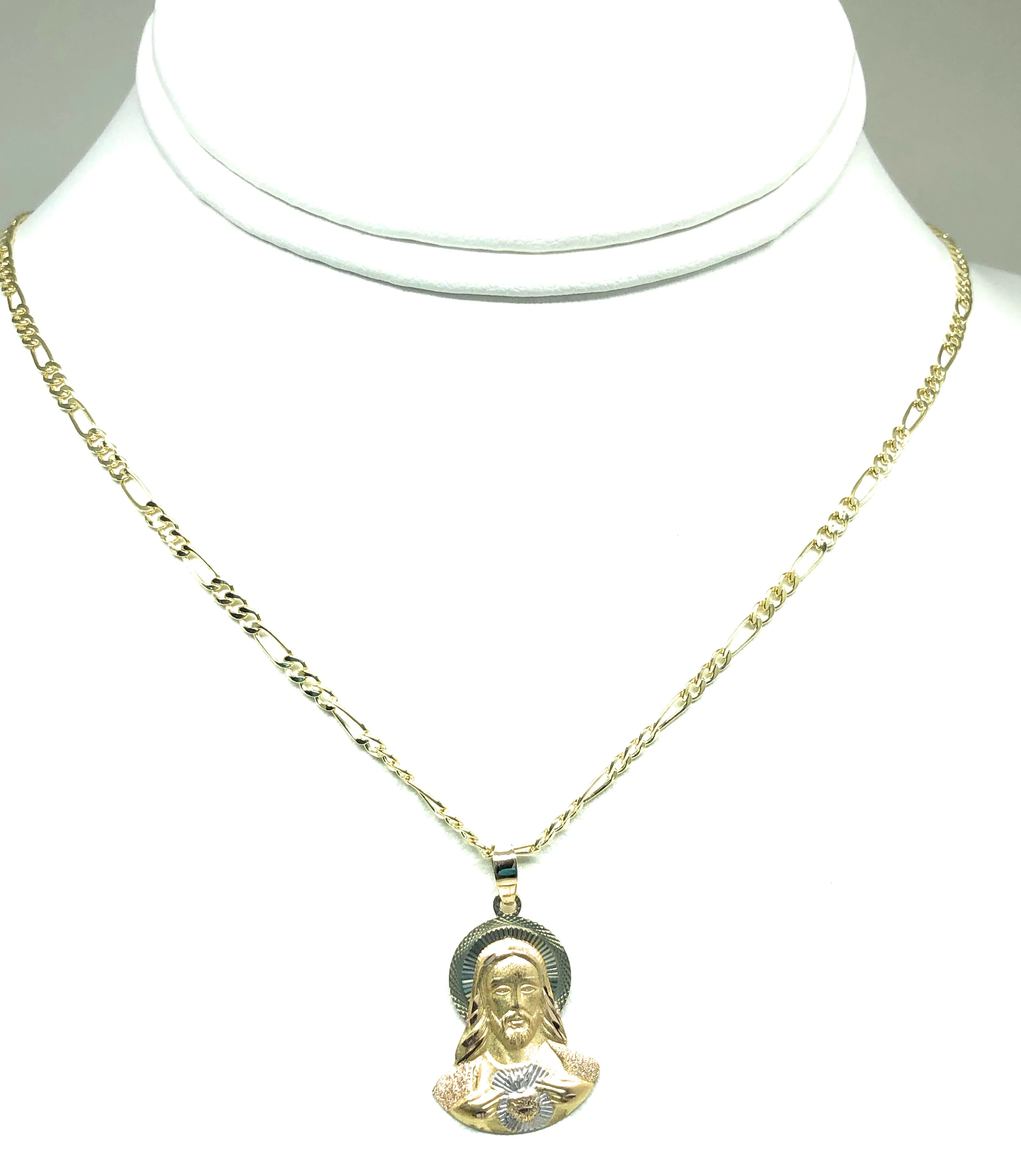 14k Solid Gold Yellow Gold Classic Jesus Sagrado Corazon Pendant Necklace Figaro Chain - Image 5