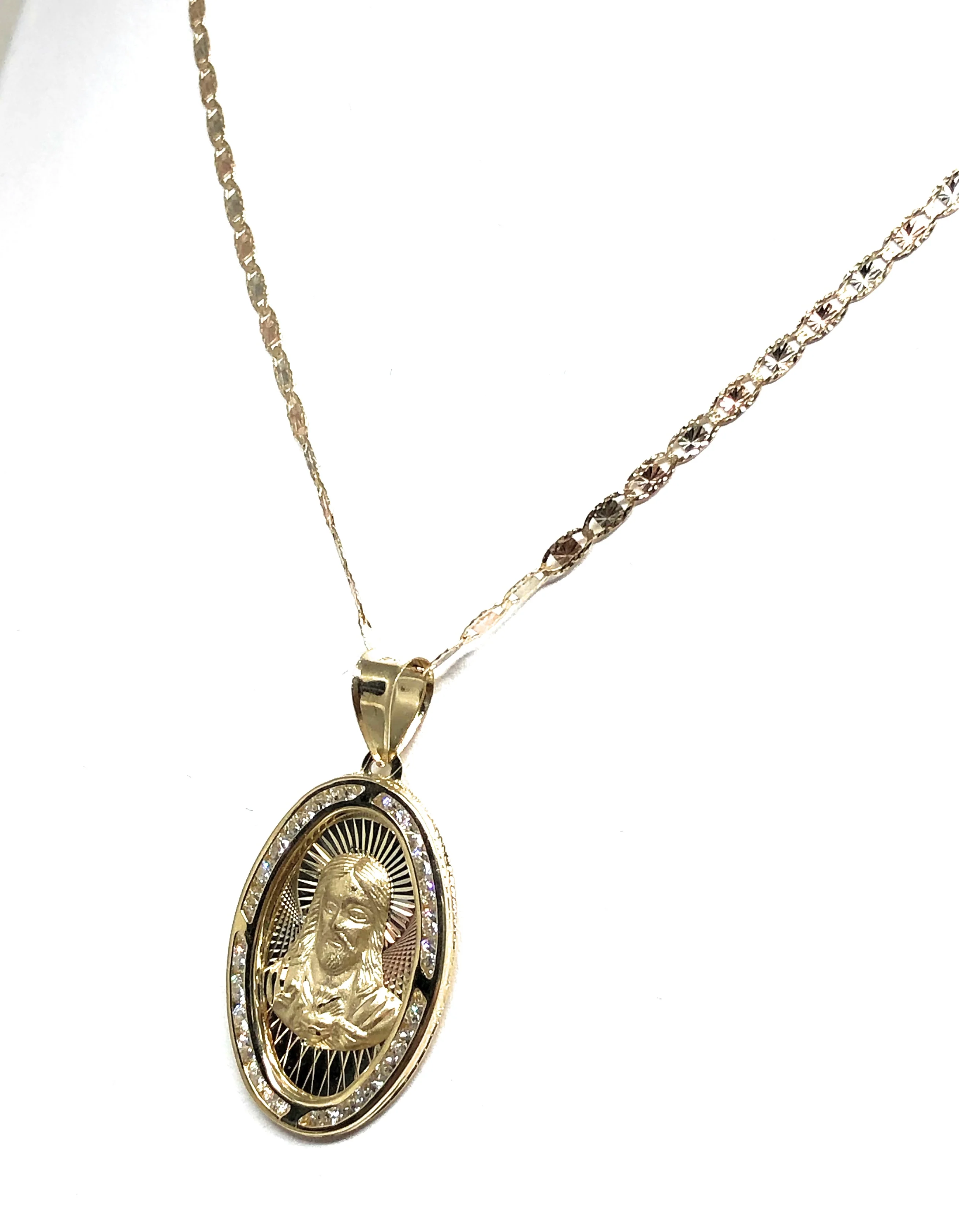 14k Solid Gold Yellow Gold Jesus Sagrado Corazon Oval CZ Pendant Necklace Valentina Chain - Image 4