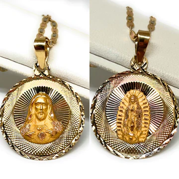 14k Solid Gold Yellow Gold Jesus Sagrado Corazon & Virrgin Mary Double Sided Pendant Necklace (MED, SM)