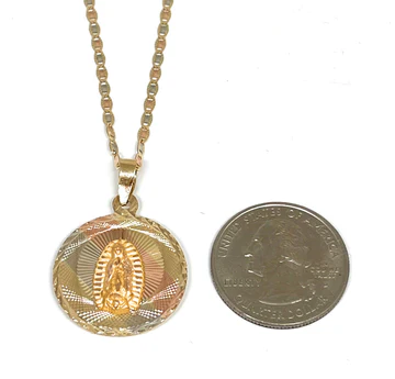 14k Solid Gold Yellow Gold Jesus Sagrado Corazon & Virrgin Mary Double Sided Pendant Necklace (MED, SM) - Image 2