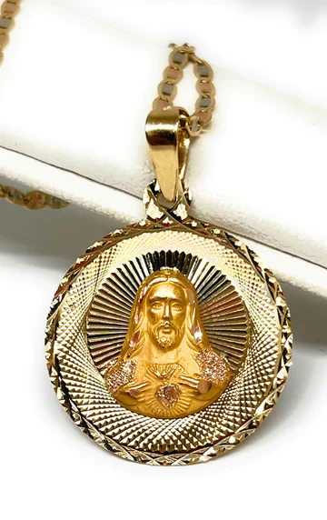 14k Solid Gold Yellow Gold Jesus Sagrado Corazon & Virrgin Mary Double Sided Pendant Necklace (MED, SM) - Image 3