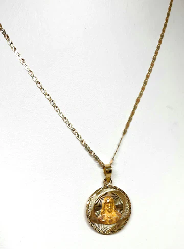 14k Solid Gold Yellow Gold Jesus Sagrado Corazon & Virrgin Mary Double Sided Pendant Necklace (MED, SM) - Image 7
