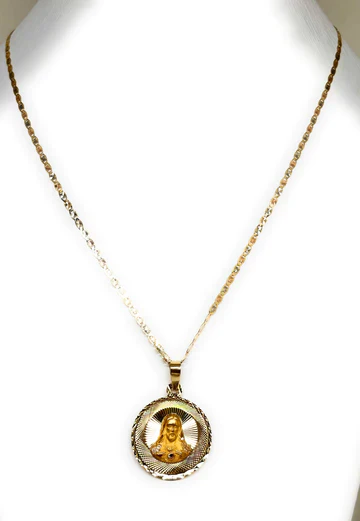 14k Solid Gold Yellow Gold Jesus Sagrado Corazon & Virrgin Mary Double Sided Pendant Necklace (MED, SM) - Image 8