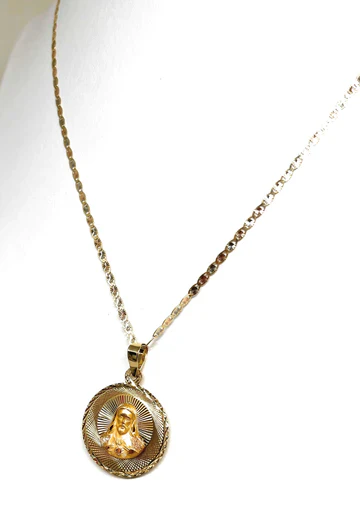 14k Solid Gold Yellow Gold Jesus Sagrado Corazon & Virrgin Mary Double Sided Pendant Necklace (MED, SM) - Image 9