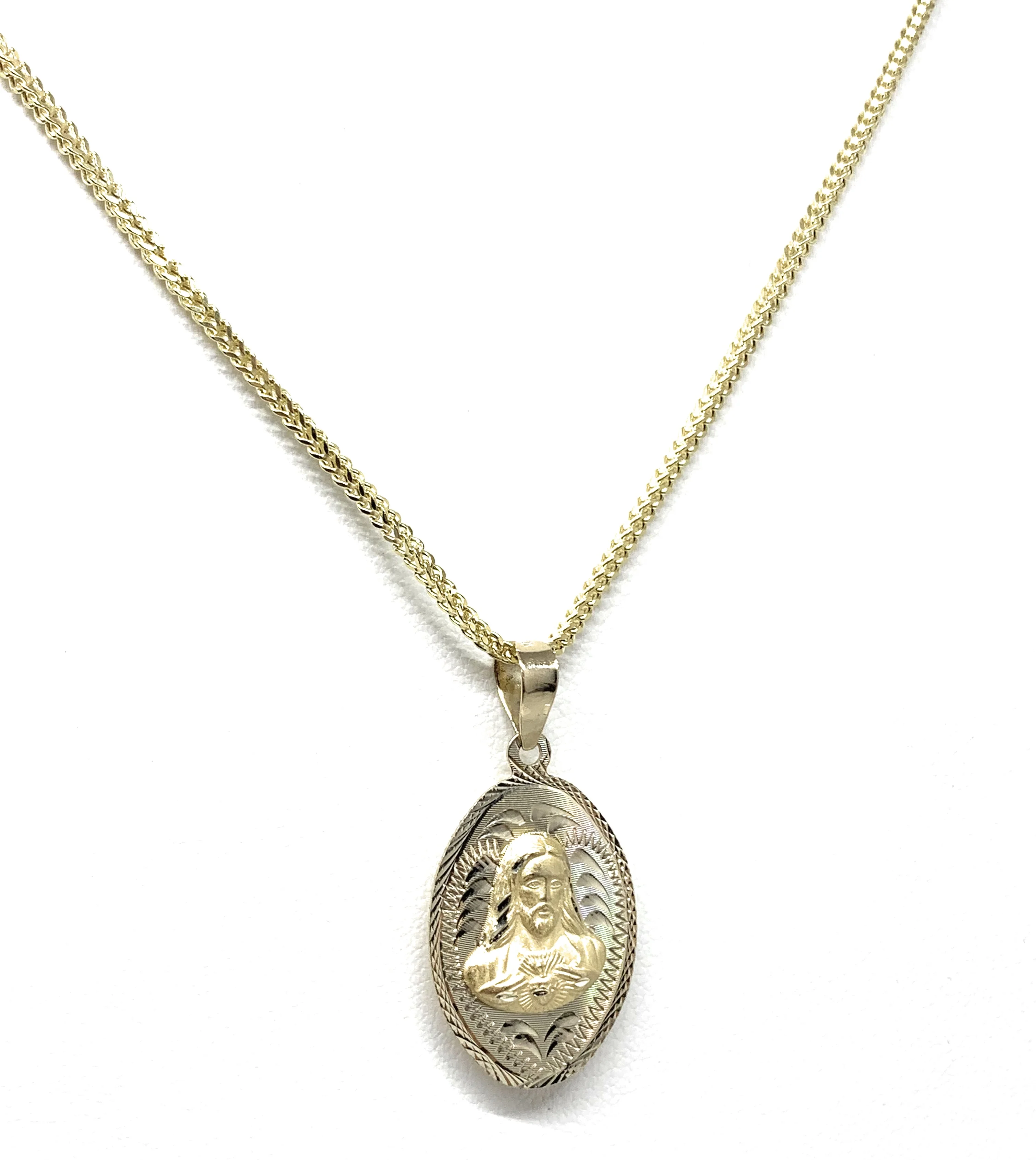 14k Solid Gold Yellow Gold Jesus Sagrado Corazon & Virrgin Mary Double Sided Pendant Necklace - Image 6