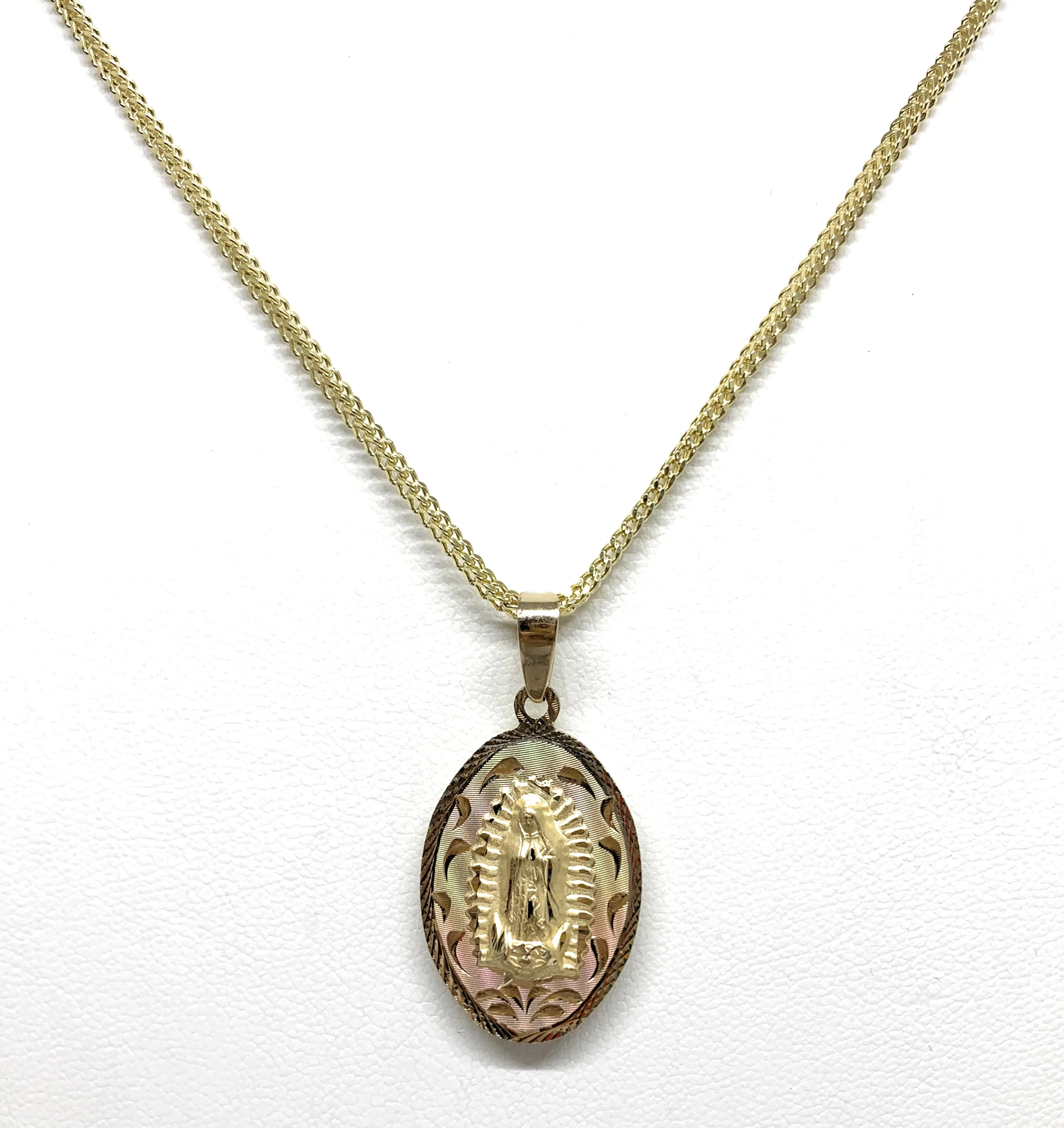 14k Solid Gold Yellow Gold Jesus Sagrado Corazon & Virrgin Mary Double Sided Pendant Necklace - Image 7