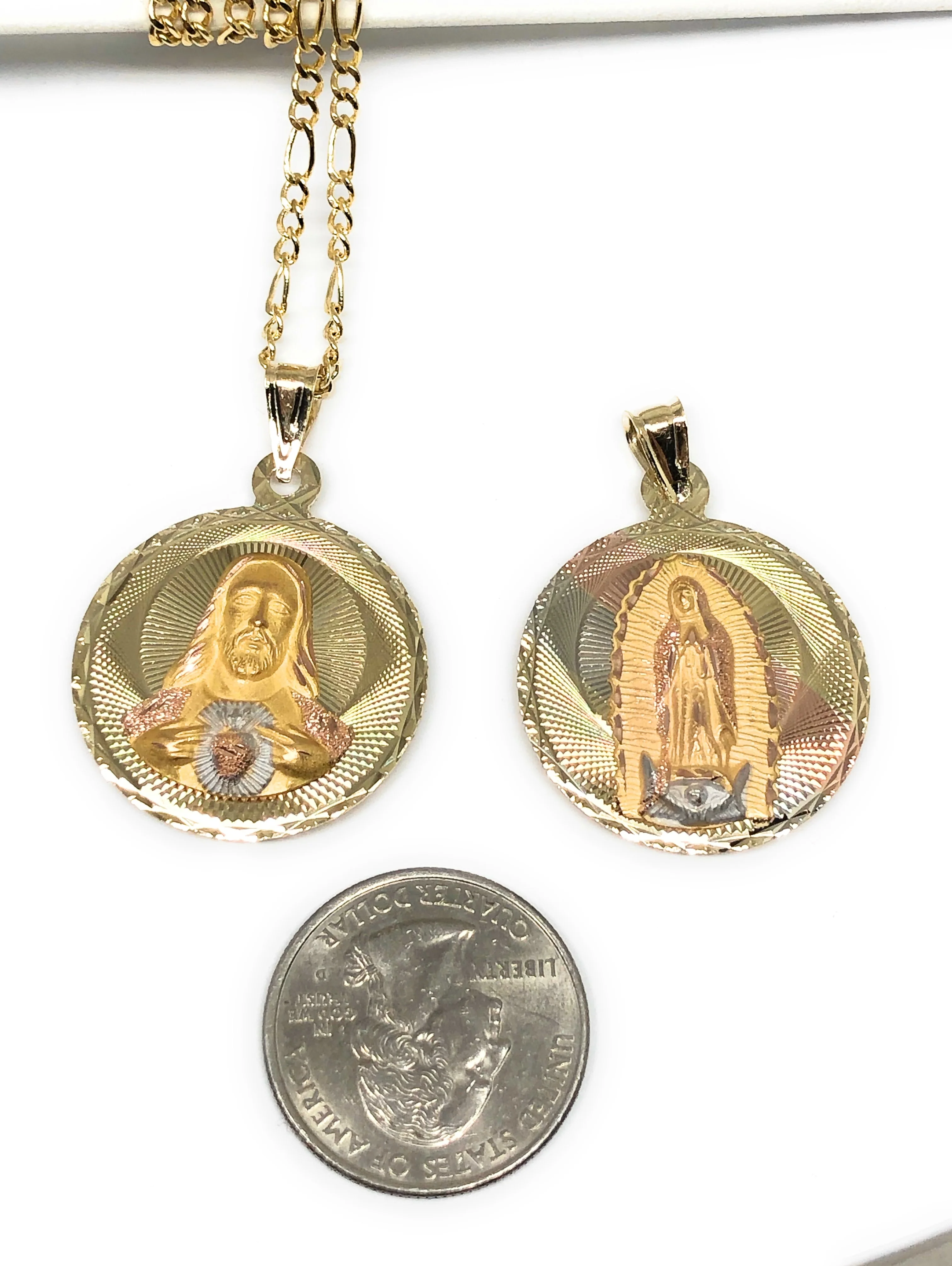 14k Solid Gold Yellow Gold Jesus Sagrado Corazon & Virrgin Mary Double Sided Pendant Necklace (LARGE) - Image 2