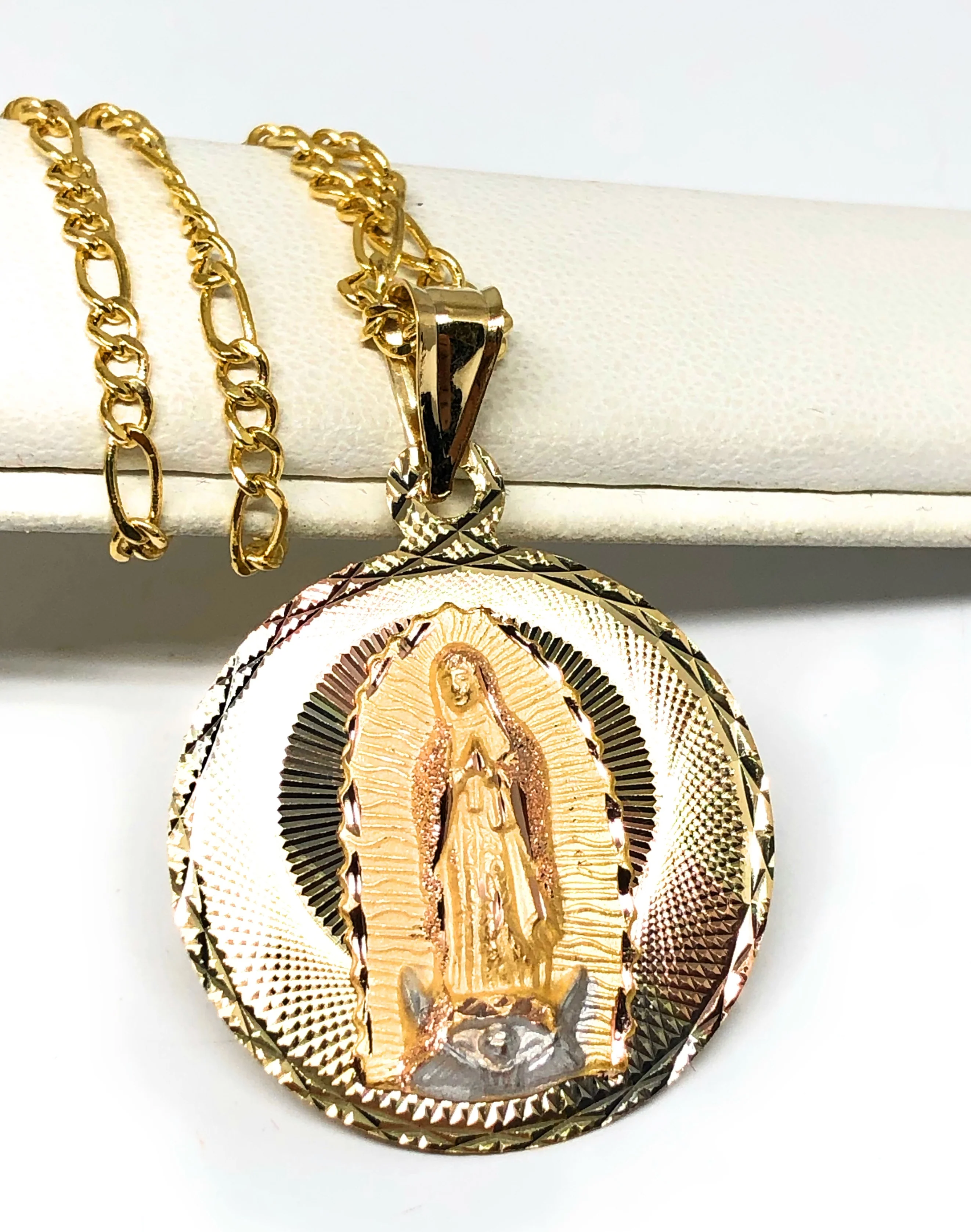 14k Solid Gold Yellow Gold Jesus Sagrado Corazon & Virrgin Mary Double Sided Pendant Necklace (LARGE) - Image 3