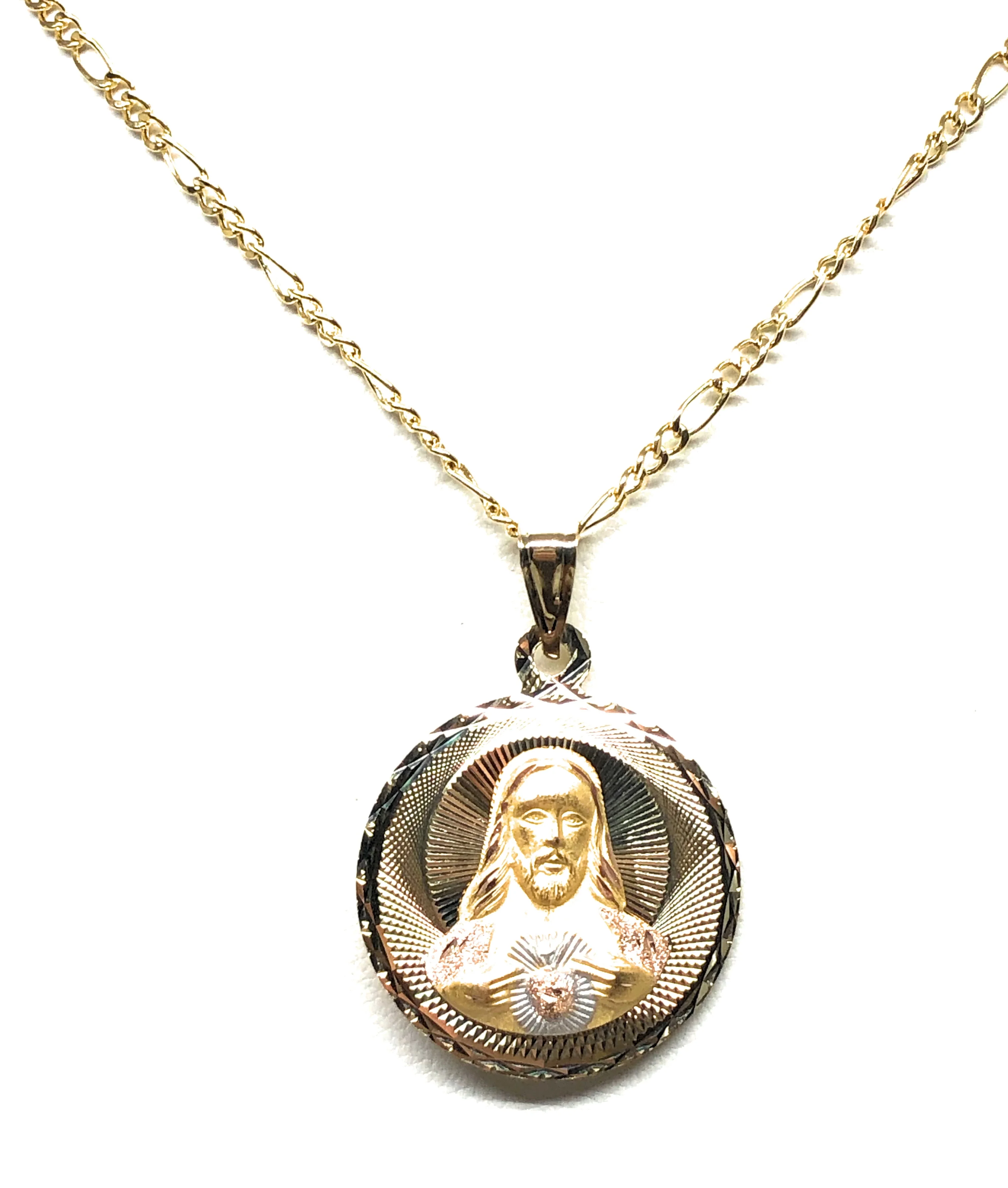 14k Solid Gold Yellow Gold Jesus Sagrado Corazon & Virrgin Mary Double Sided Pendant Necklace (LARGE) - Image 4