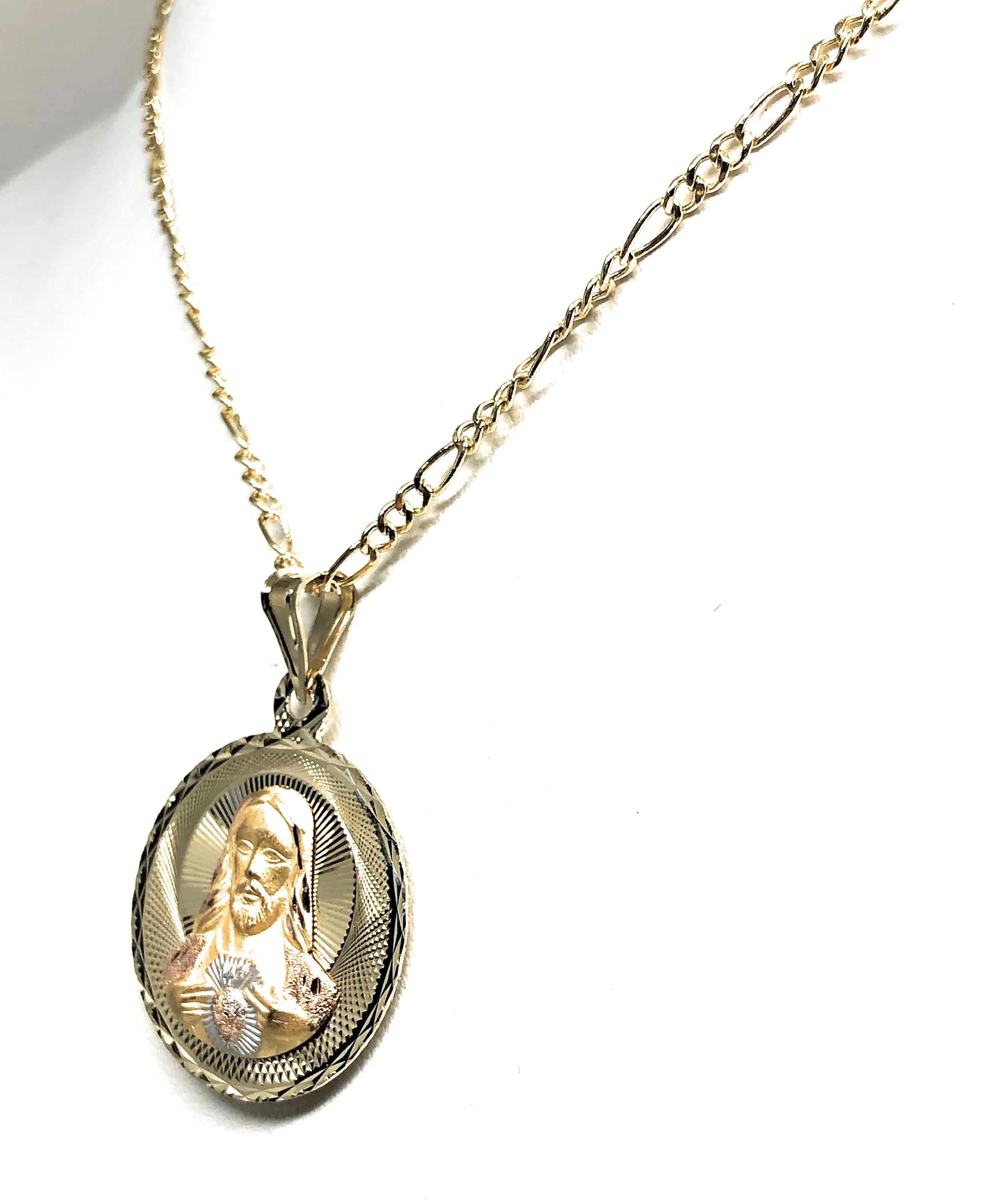 14k Solid Gold Yellow Gold Jesus Sagrado Corazon & Virrgin Mary Double Sided Pendant Necklace (LARGE) - Image 7