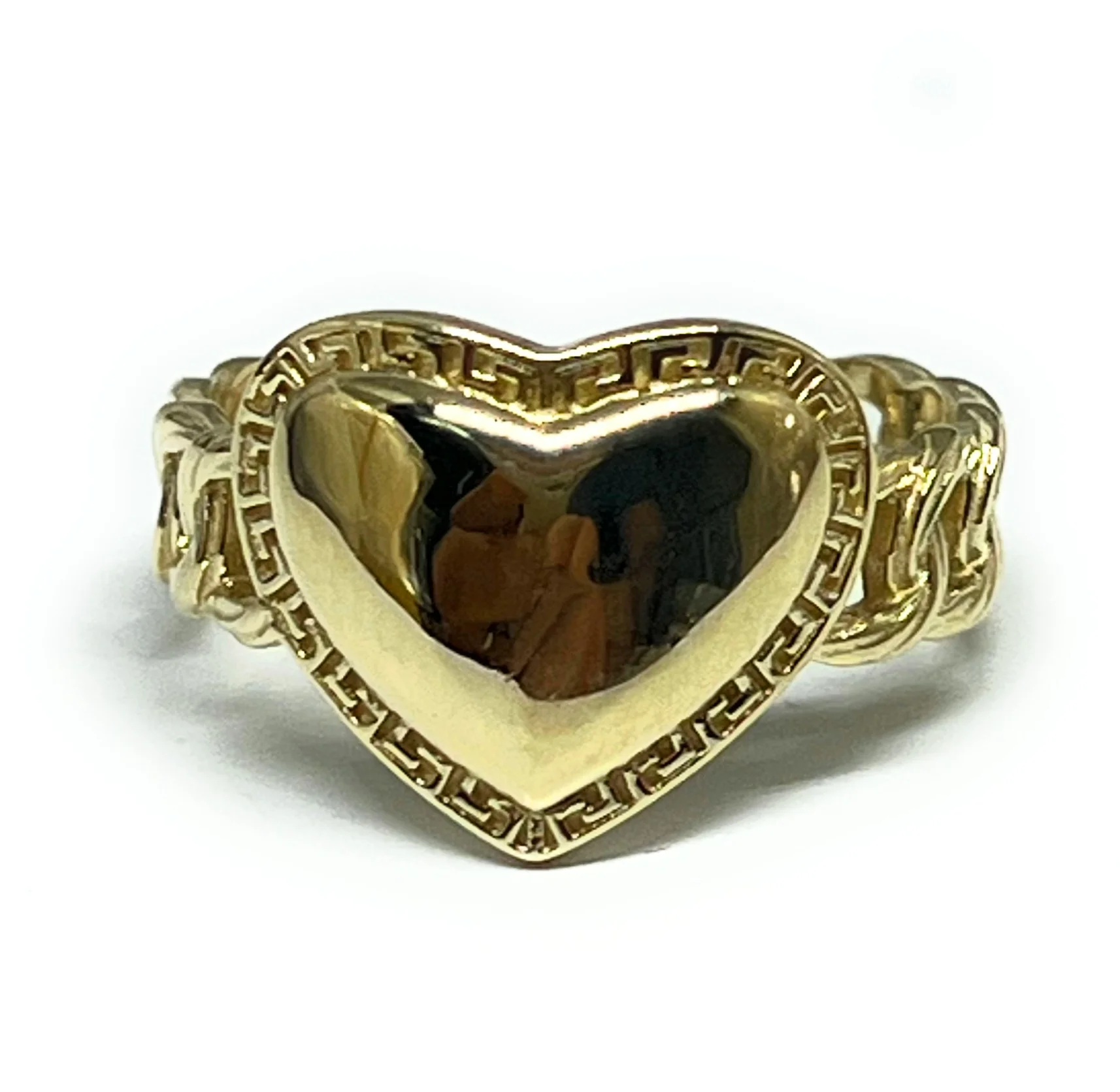 14k Solid Gold Yellow HEART GREEK BORDER CUBAN LINK Ring (SM, MED)