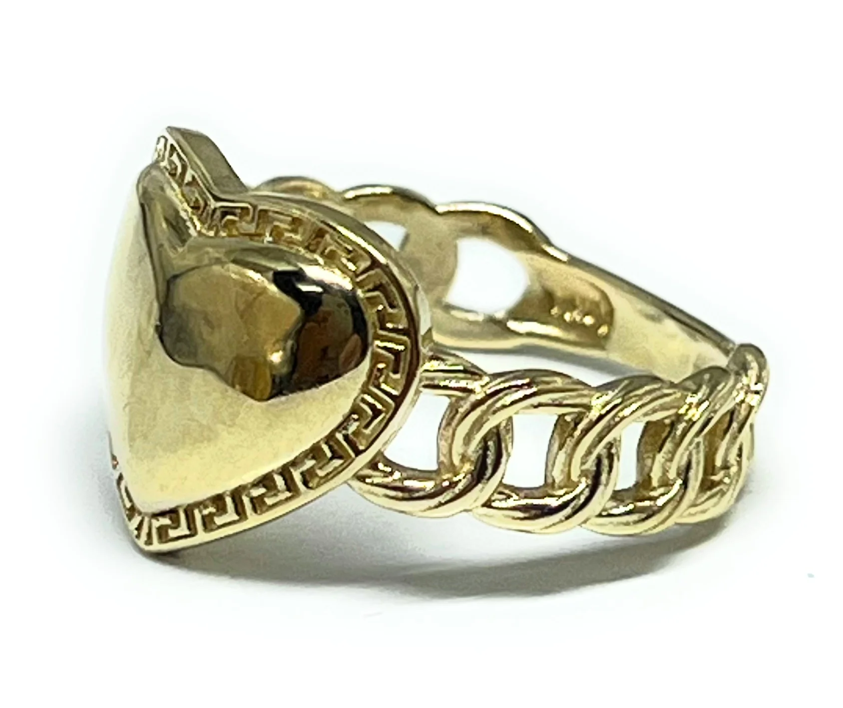 14k Solid Gold Yellow HEART GREEK BORDER CUBAN LINK Ring (SM, MED) - Image 3