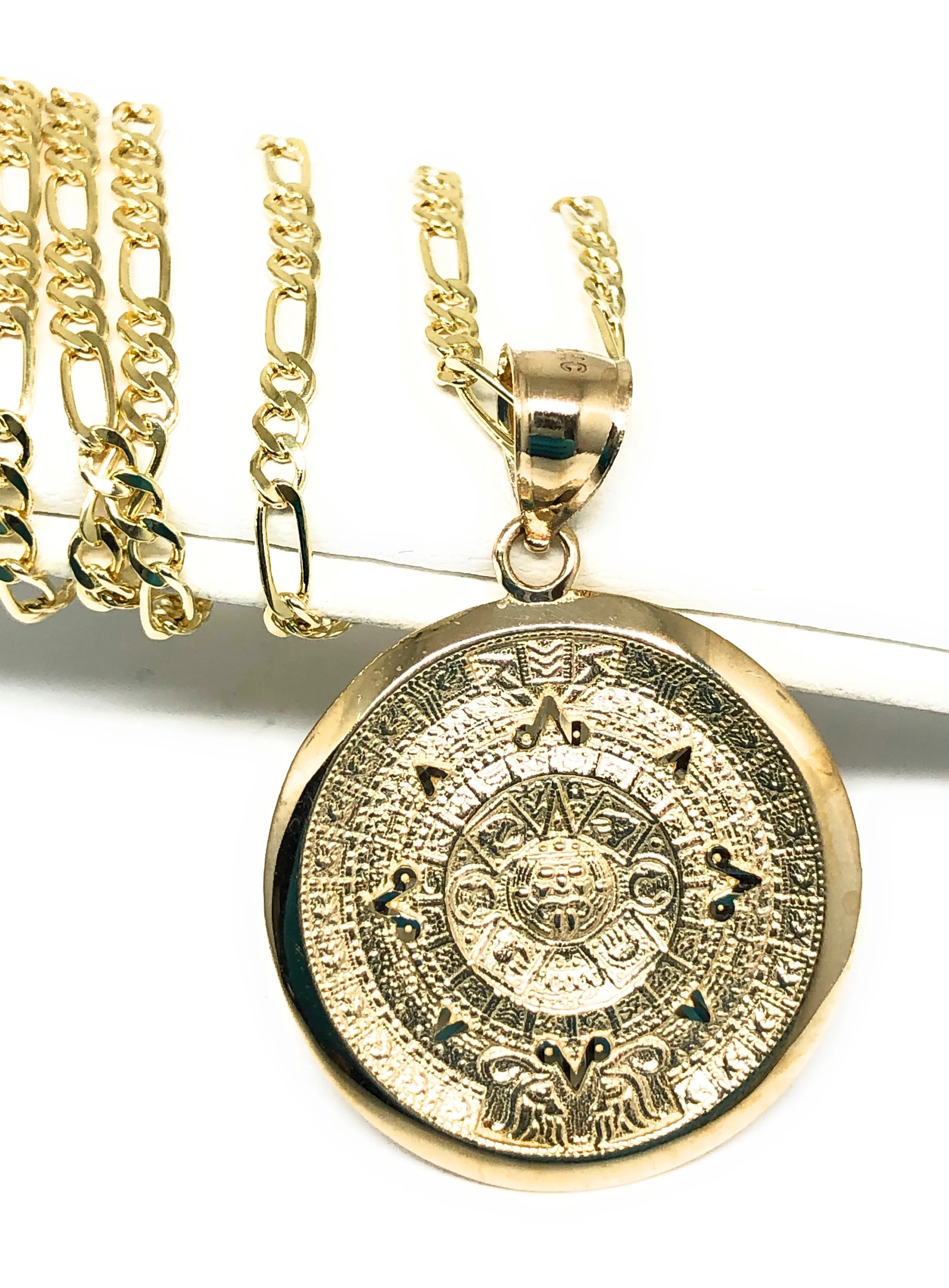 14k Solid Gold Yellow Mexican Aztec Calendar Pendant Necklace with Figaro Chain (XS, SM, MED, LG)