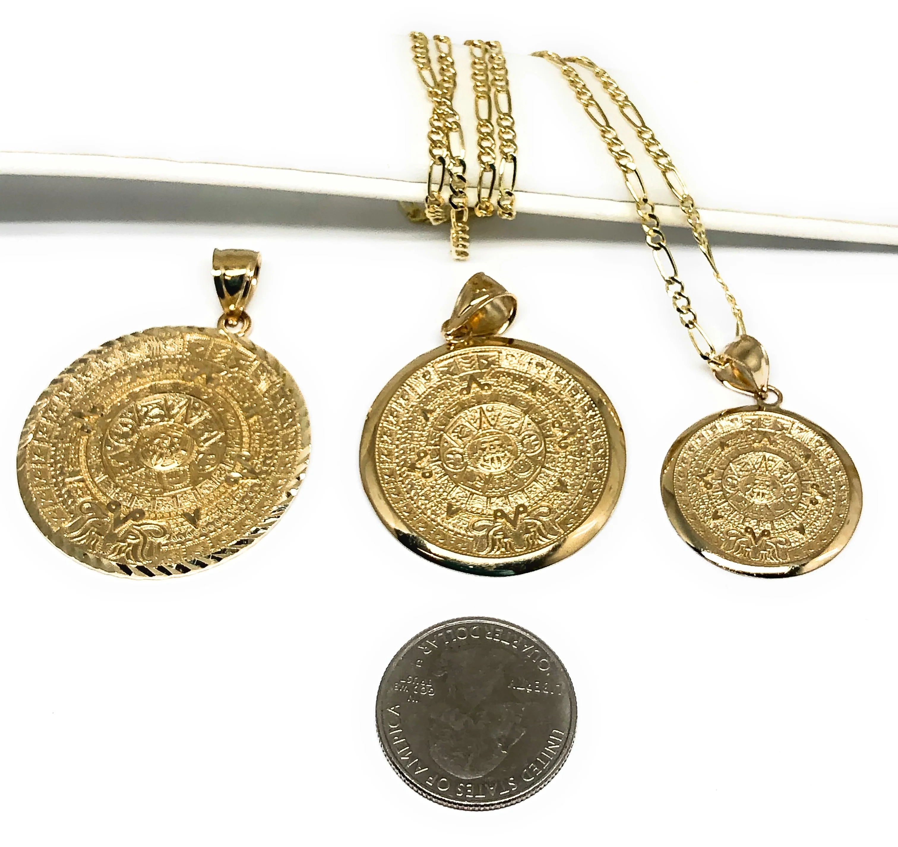 14k Solid Gold Yellow Mexican Aztec Calendar Pendant Necklace with Figaro Chain (XS, SM, MED, LG) - Image 2