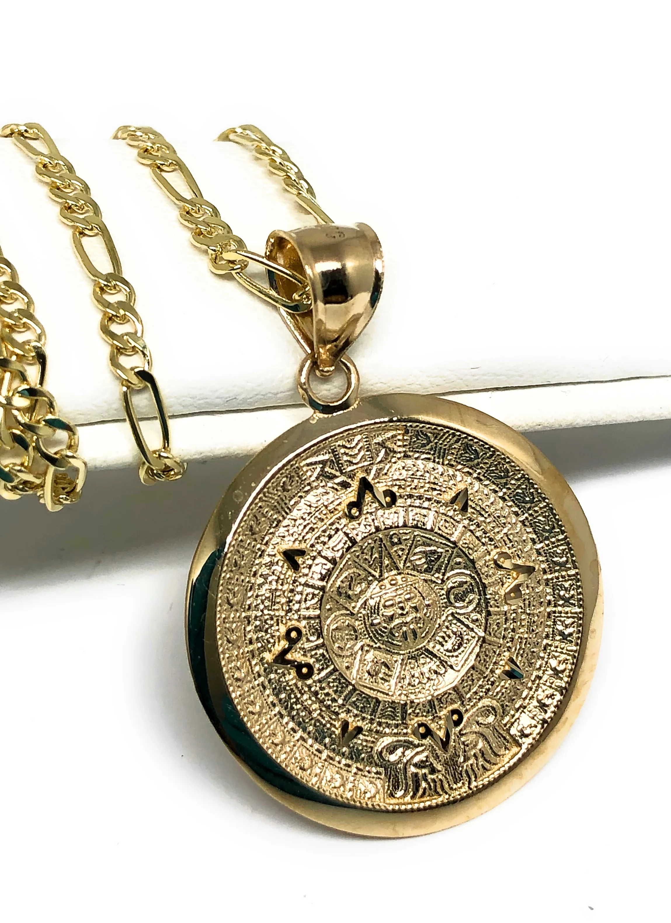 14k Solid Gold Yellow Mexican Aztec Calendar Pendant Necklace with Figaro Chain (XS, SM, MED, LG) - Image 3