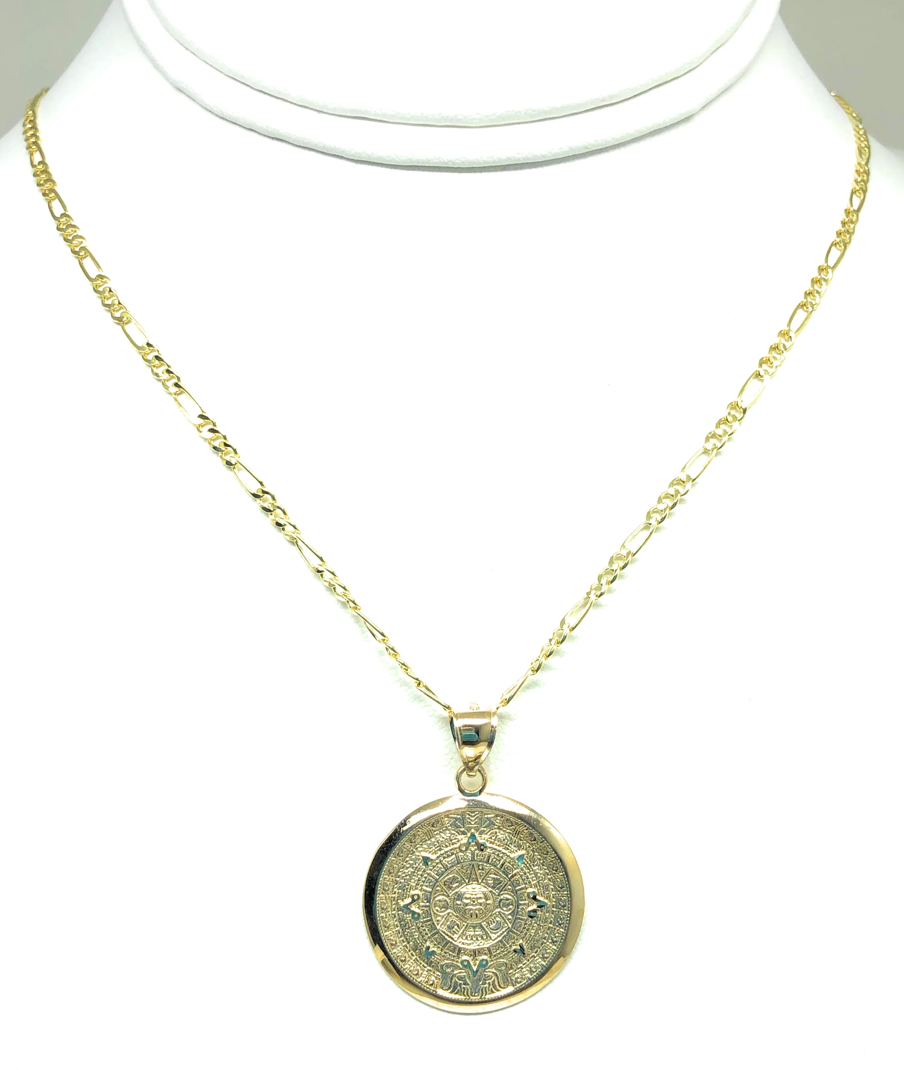 14k Solid Gold Yellow Mexican Aztec Calendar Pendant Necklace with Figaro Chain (XS, SM, MED, LG) - Image 4