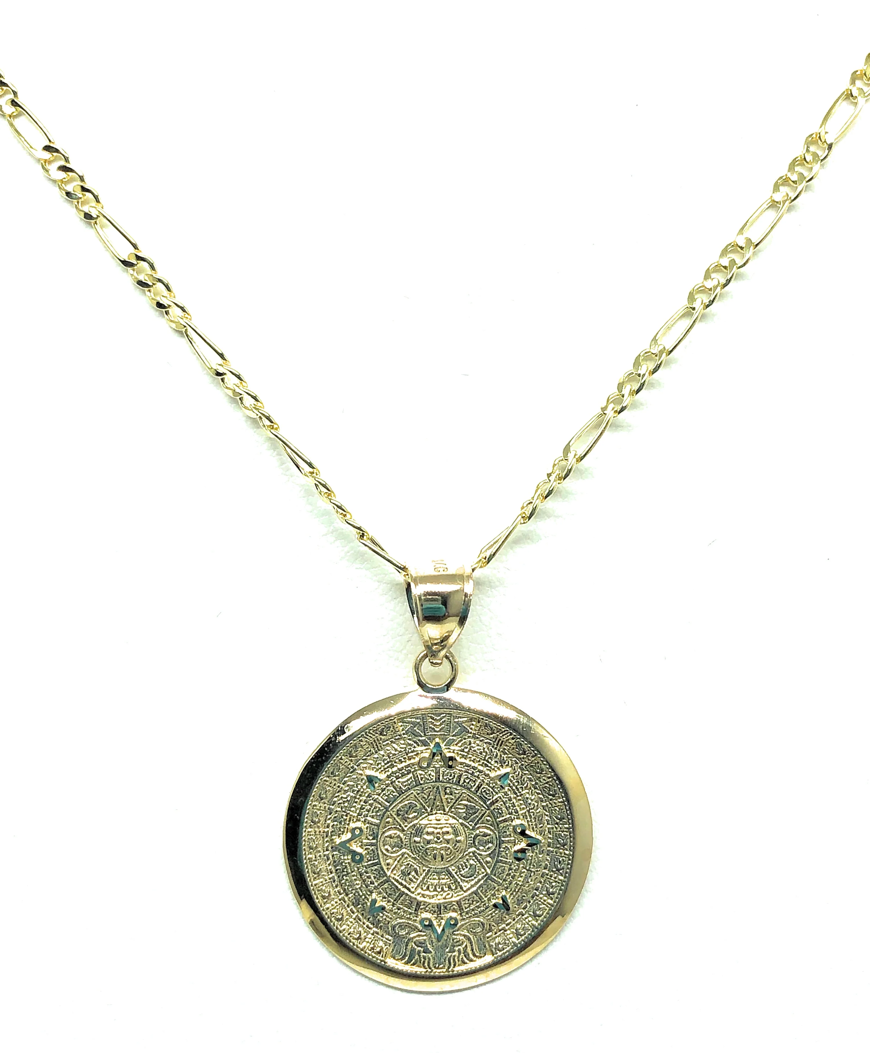 14k Solid Gold Yellow Mexican Aztec Calendar Pendant Necklace with Figaro Chain (XS, SM, MED, LG) - Image 5