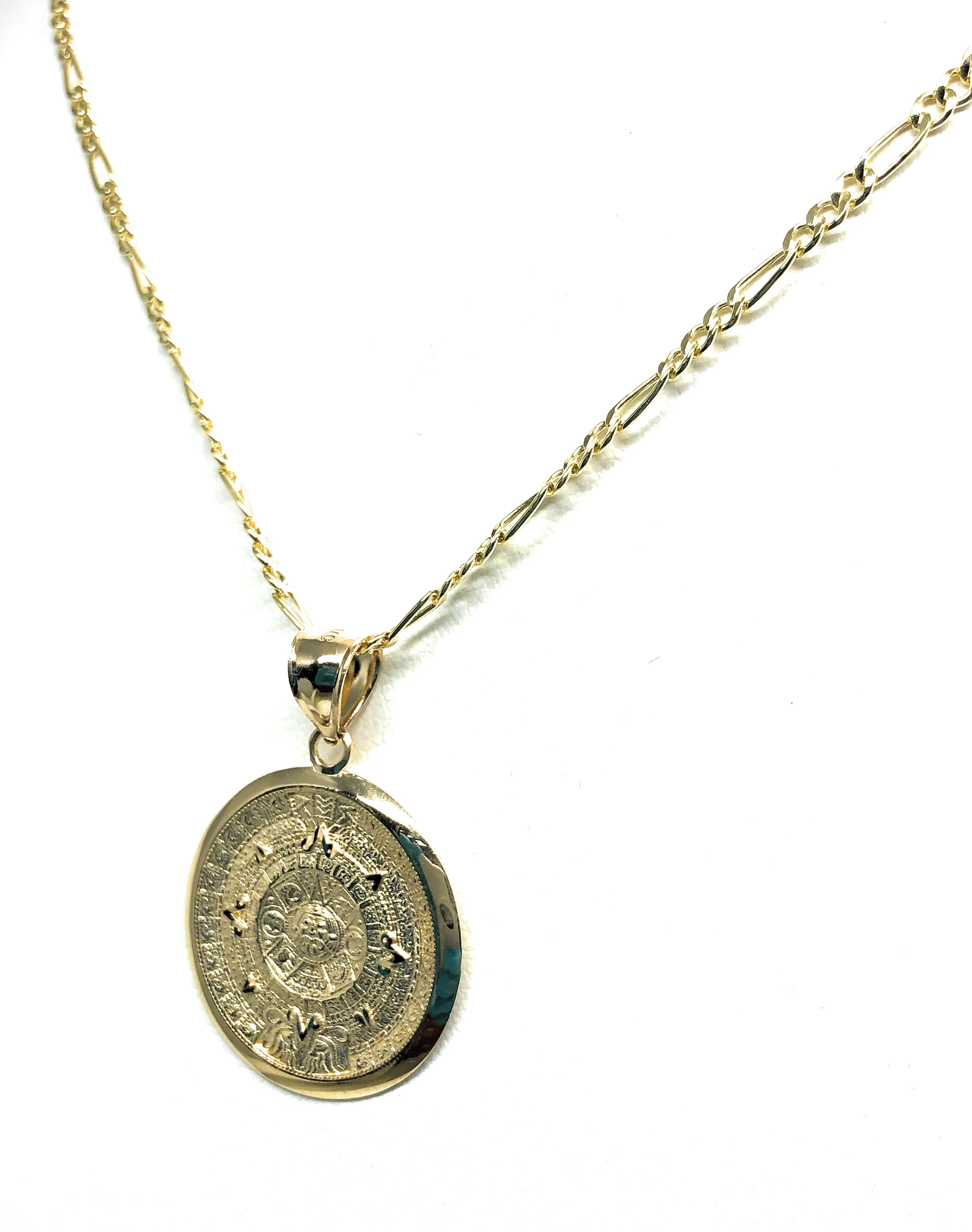 14k Solid Gold Yellow Mexican Aztec Calendar Pendant Necklace with Figaro Chain (XS, SM, MED, LG) - Image 6