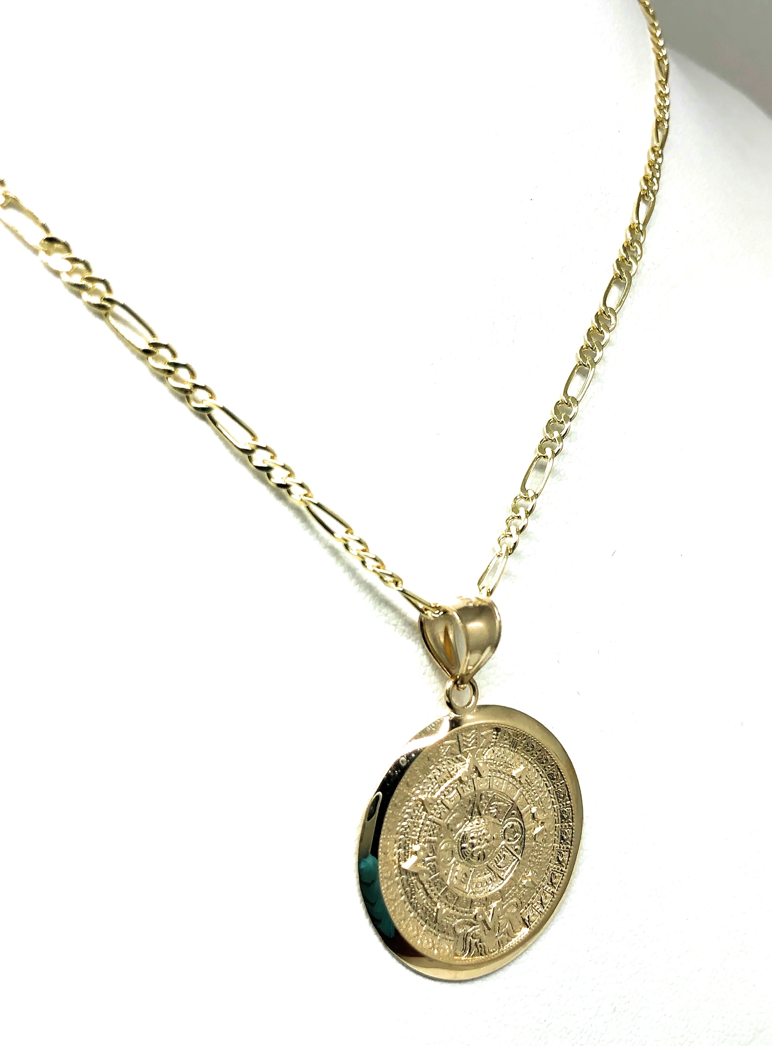 14k Solid Gold Yellow Mexican Aztec Calendar Pendant Necklace with Figaro Chain (XS, SM, MED, LG) - Image 7