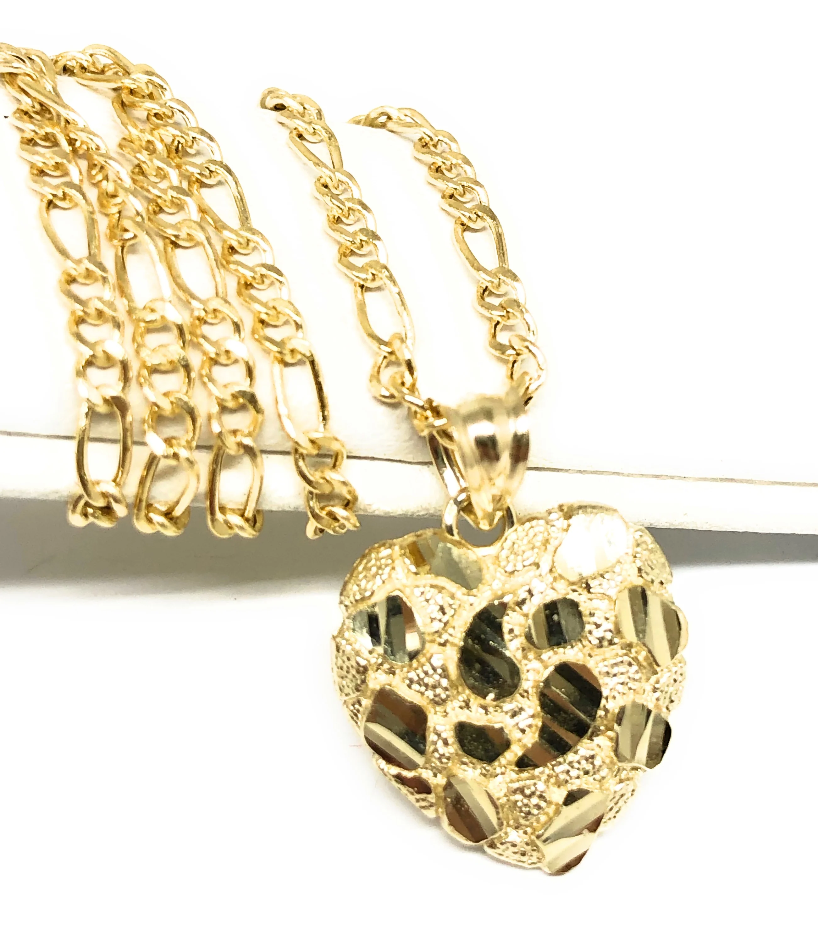 10k Solid Gold Yellow Nugget Heart Pendant Necklace Figaro Chain (SM, MED, LG)