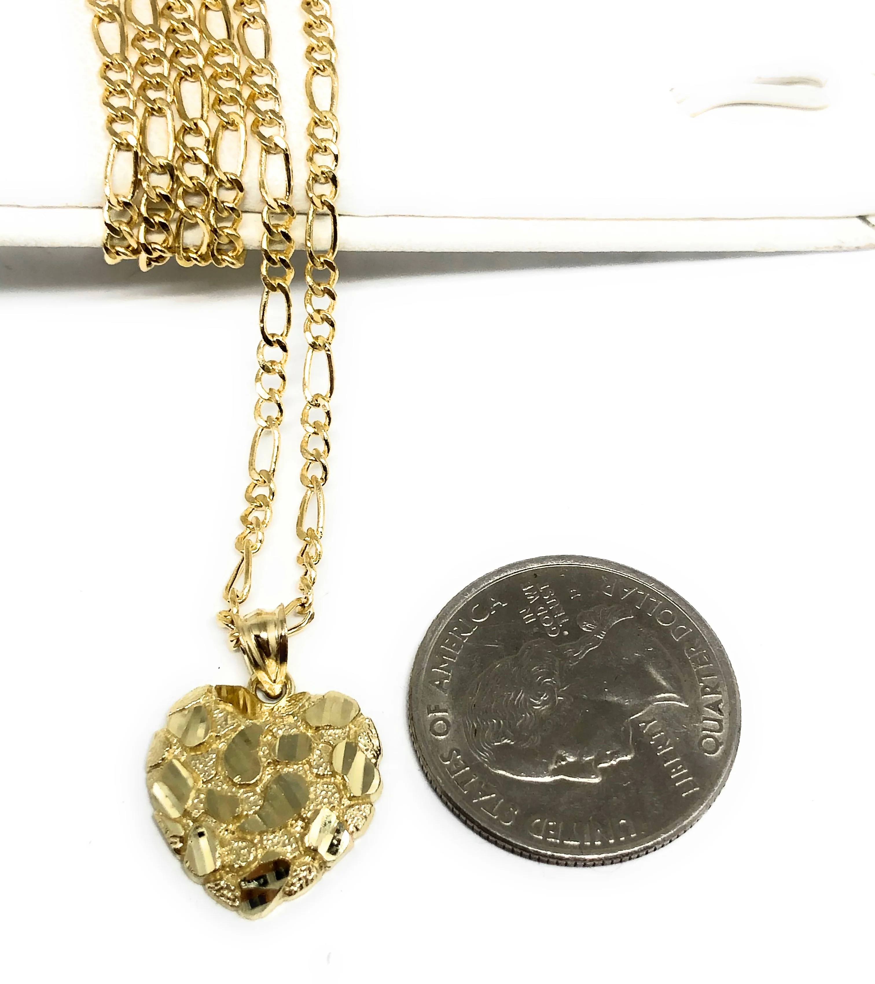 10k Solid Gold Yellow Nugget Heart Pendant Necklace Figaro Chain (SM, MED, LG) - Image 2