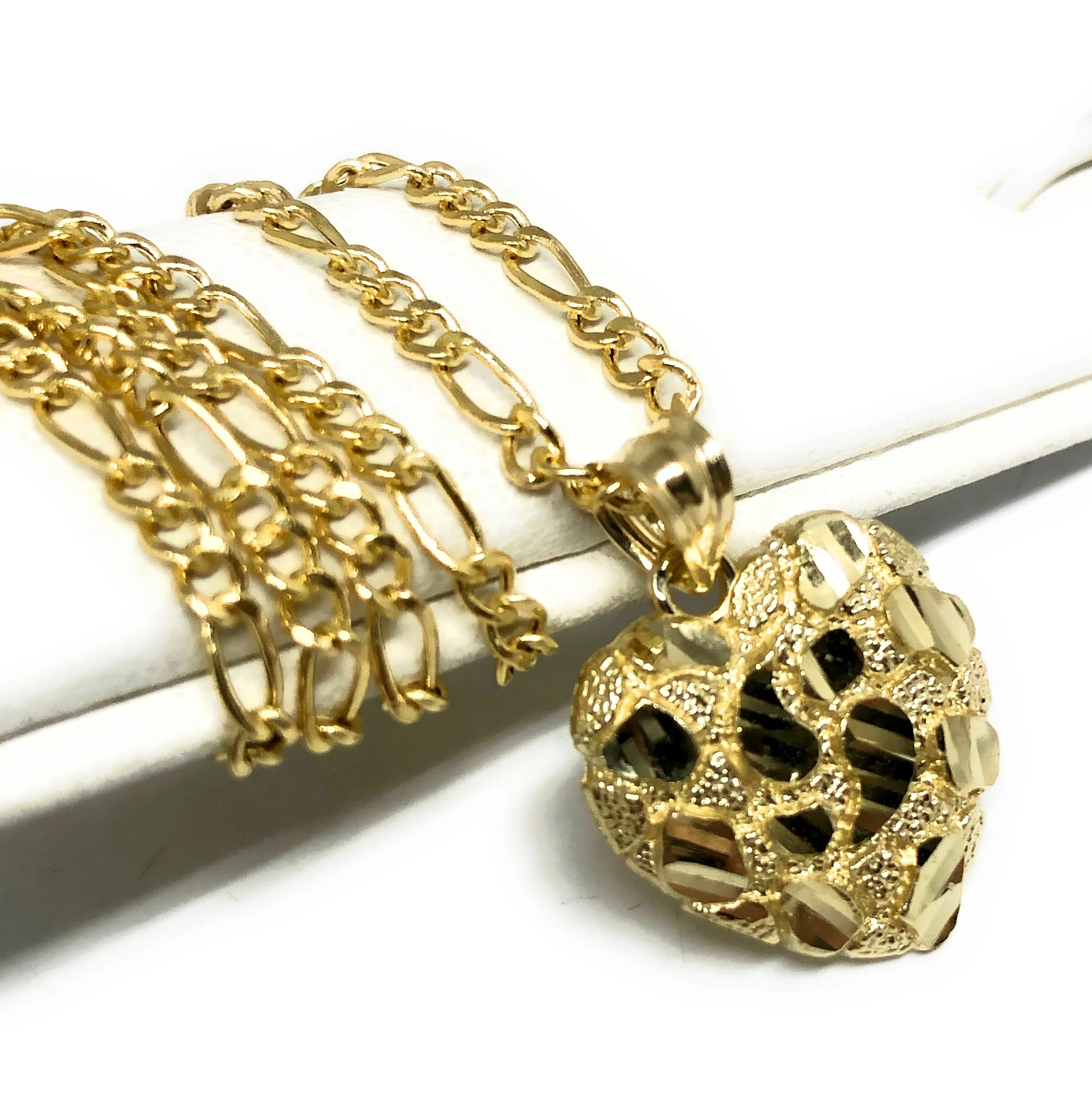 10k Solid Gold Yellow Nugget Heart Pendant Necklace Figaro Chain (SM, MED, LG) - Image 3