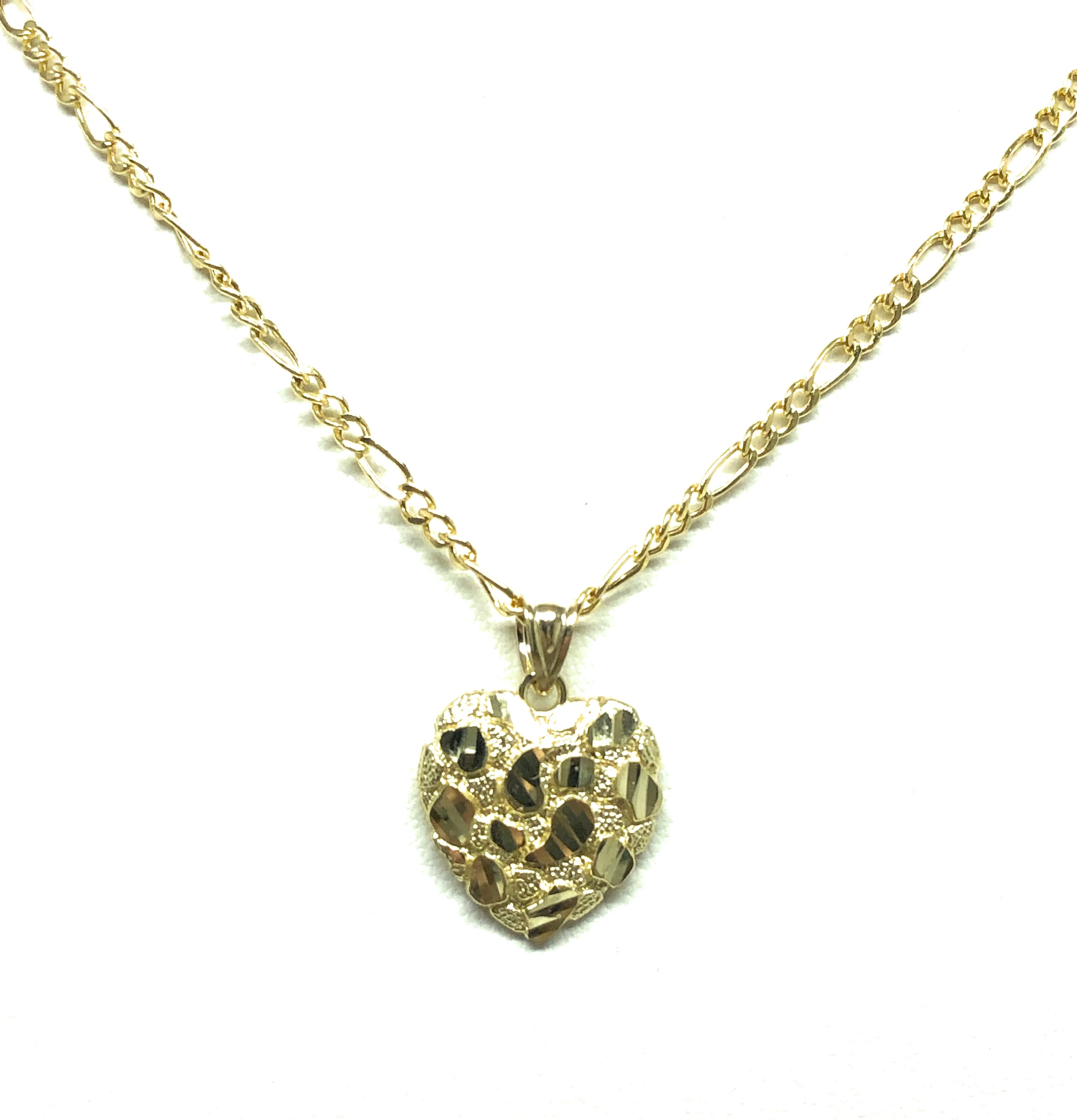 10k Solid Gold Yellow Nugget Heart Pendant Necklace Figaro Chain (SM, MED, LG) - Image 4