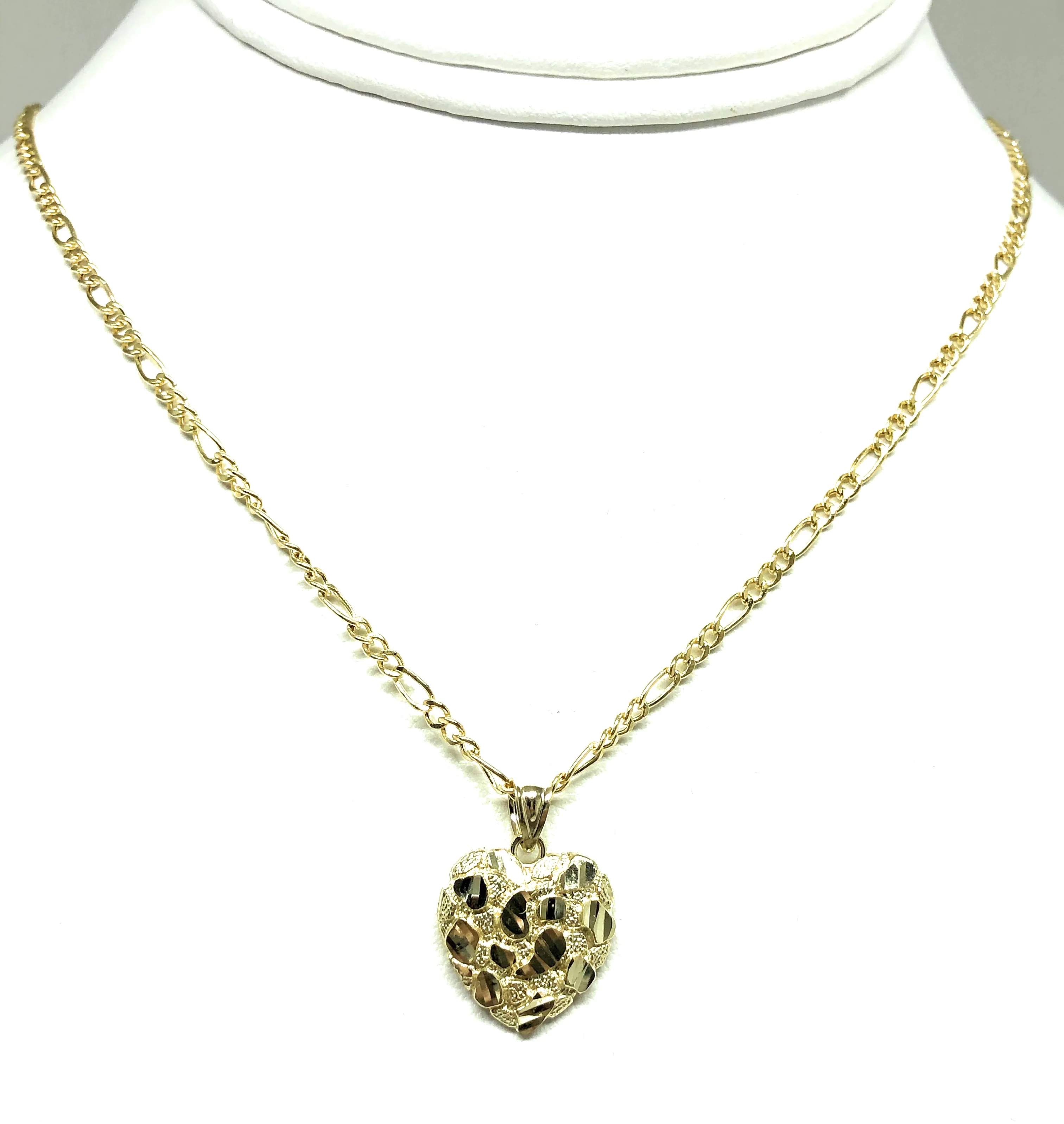 10k Solid Gold Yellow Nugget Heart Pendant Necklace Figaro Chain (SM, MED, LG) - Image 5