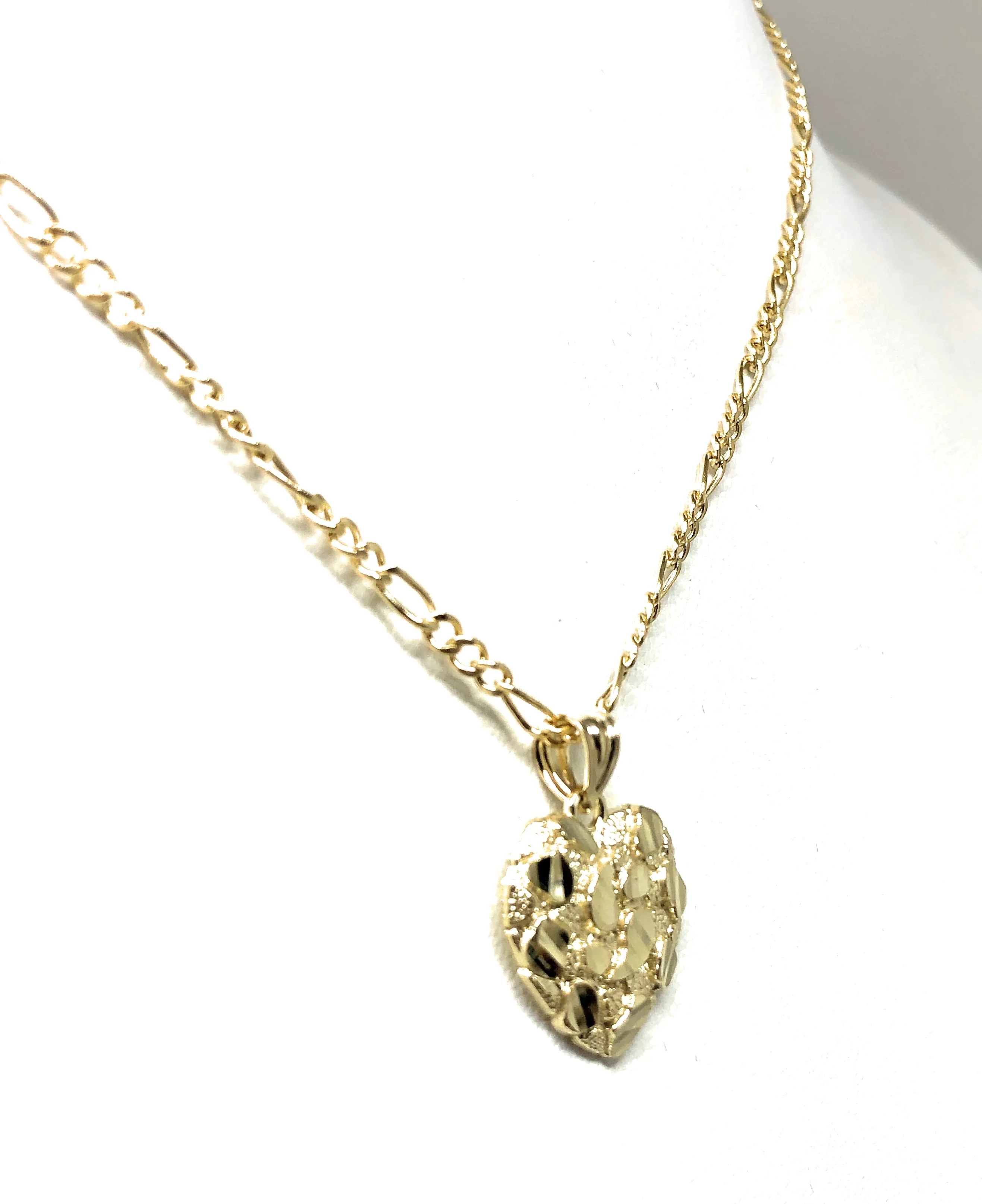 10k Solid Gold Yellow Nugget Heart Pendant Necklace Figaro Chain (SM, MED, LG) - Image 6