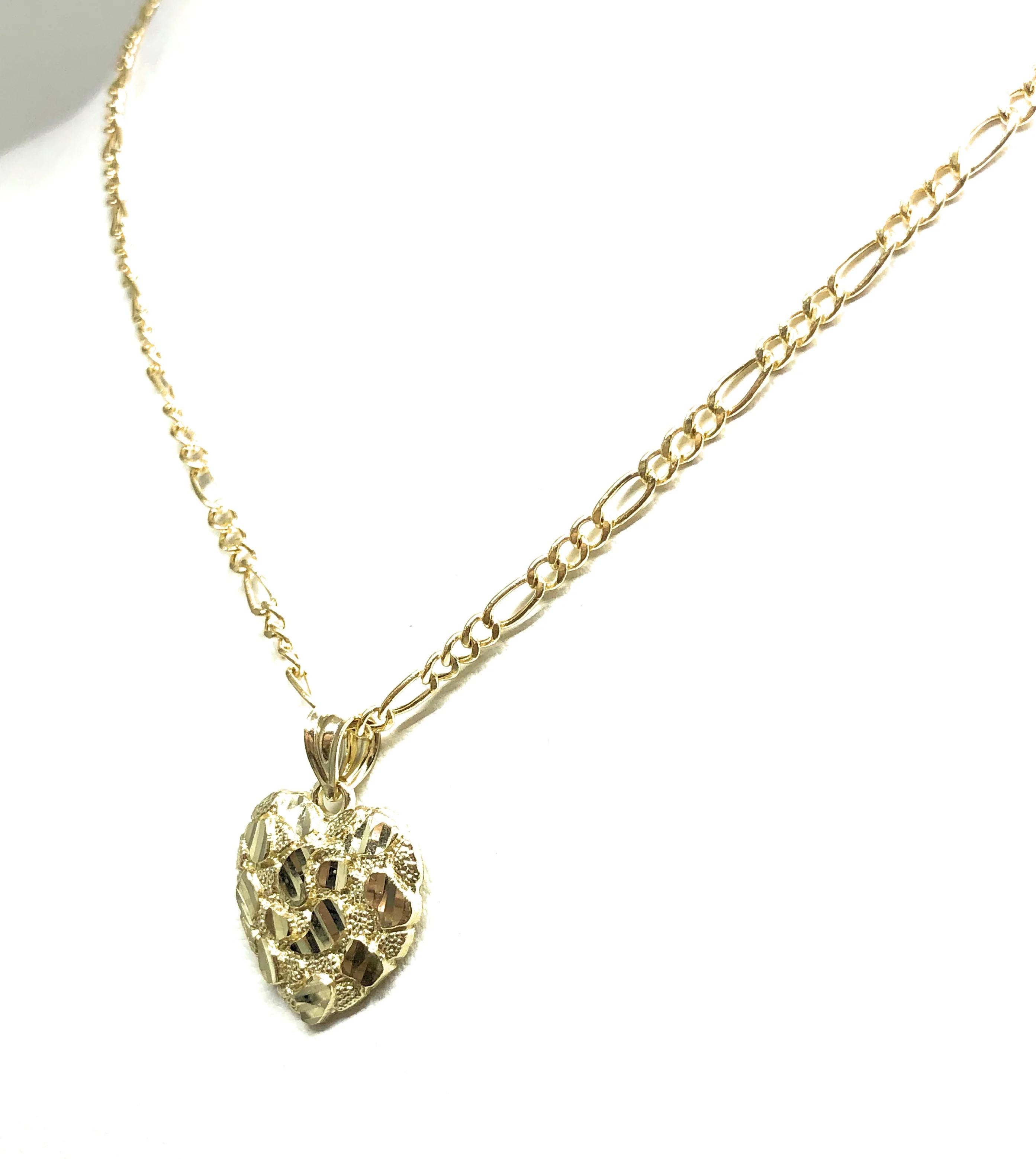 10k Solid Gold Yellow Nugget Heart Pendant Necklace Figaro Chain (SM, MED, LG) - Image 7