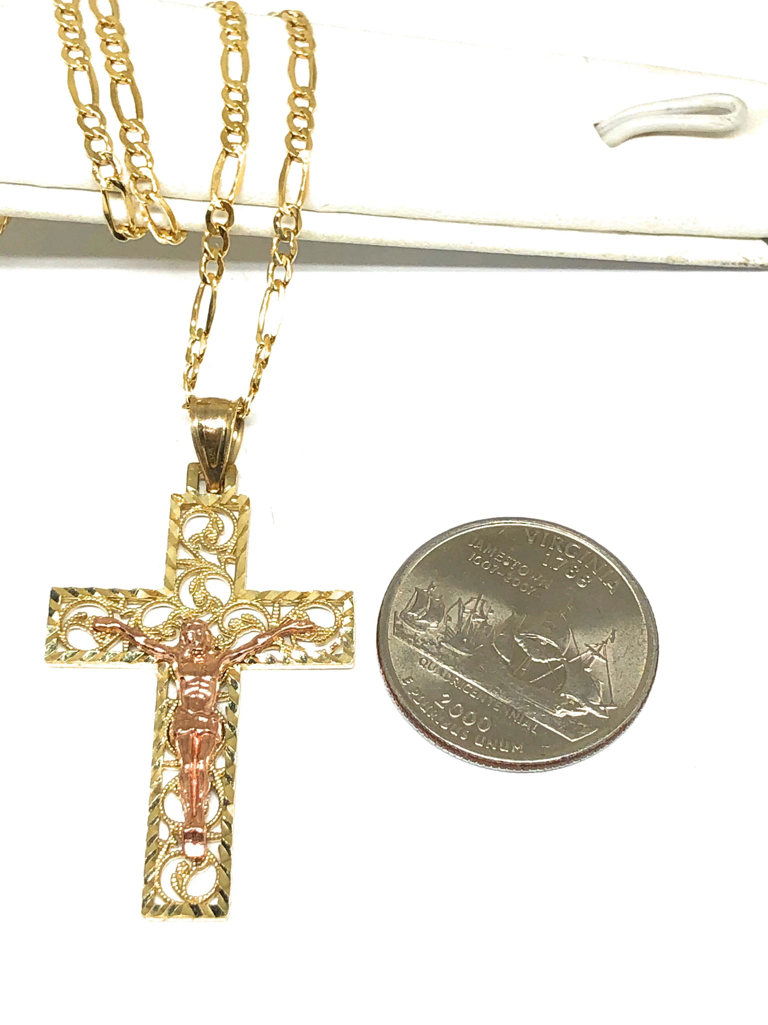 14k Solid Gold Yellow & Rose 2-Tone Filigran Jesus Cross Crucifix Pendant Necklace (SM, MED) - Image 3