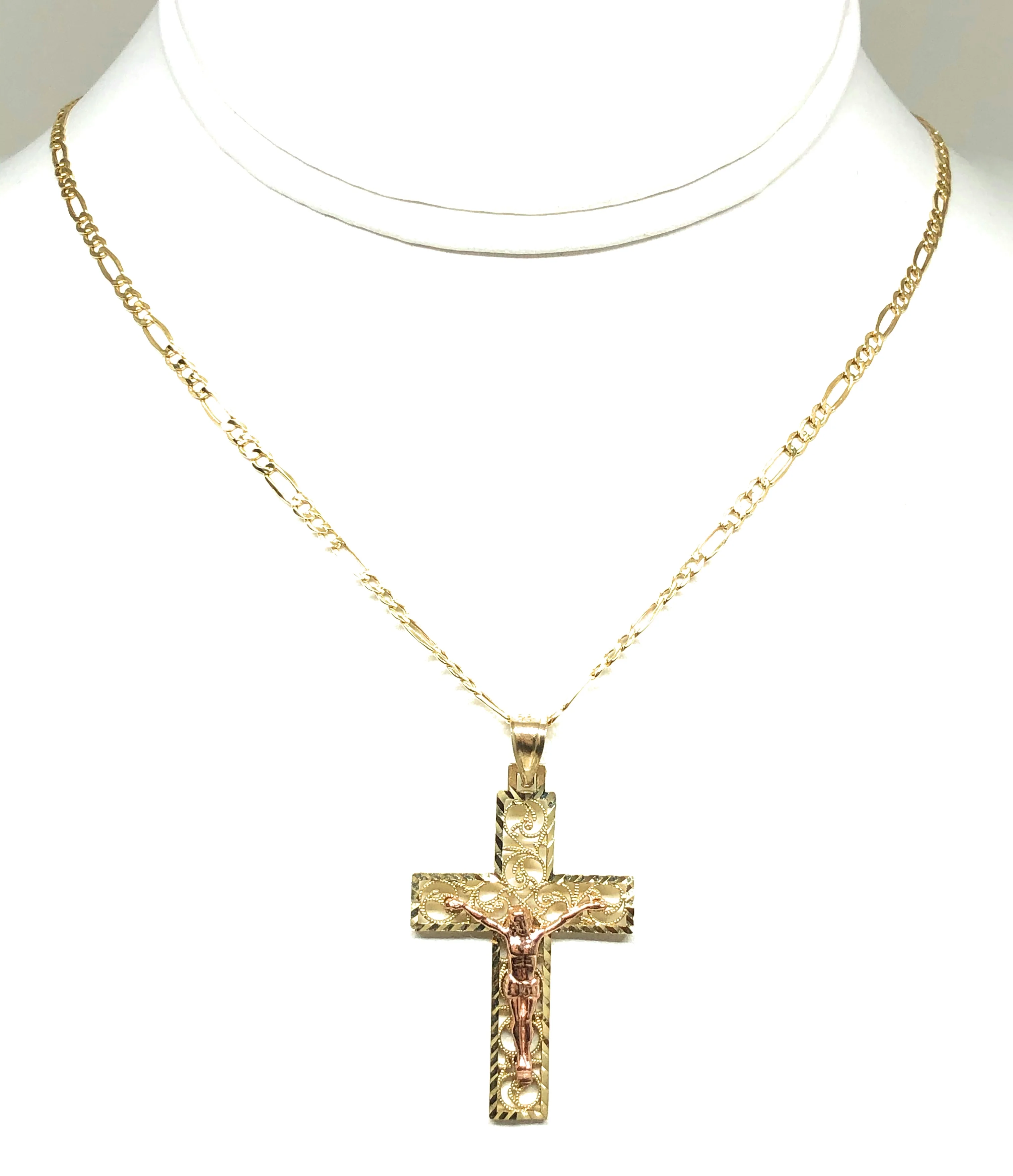 14k Solid Gold Yellow & Rose 2-Tone Filigran Jesus Cross Crucifix Pendant Necklace (SM, MED) - Image 6