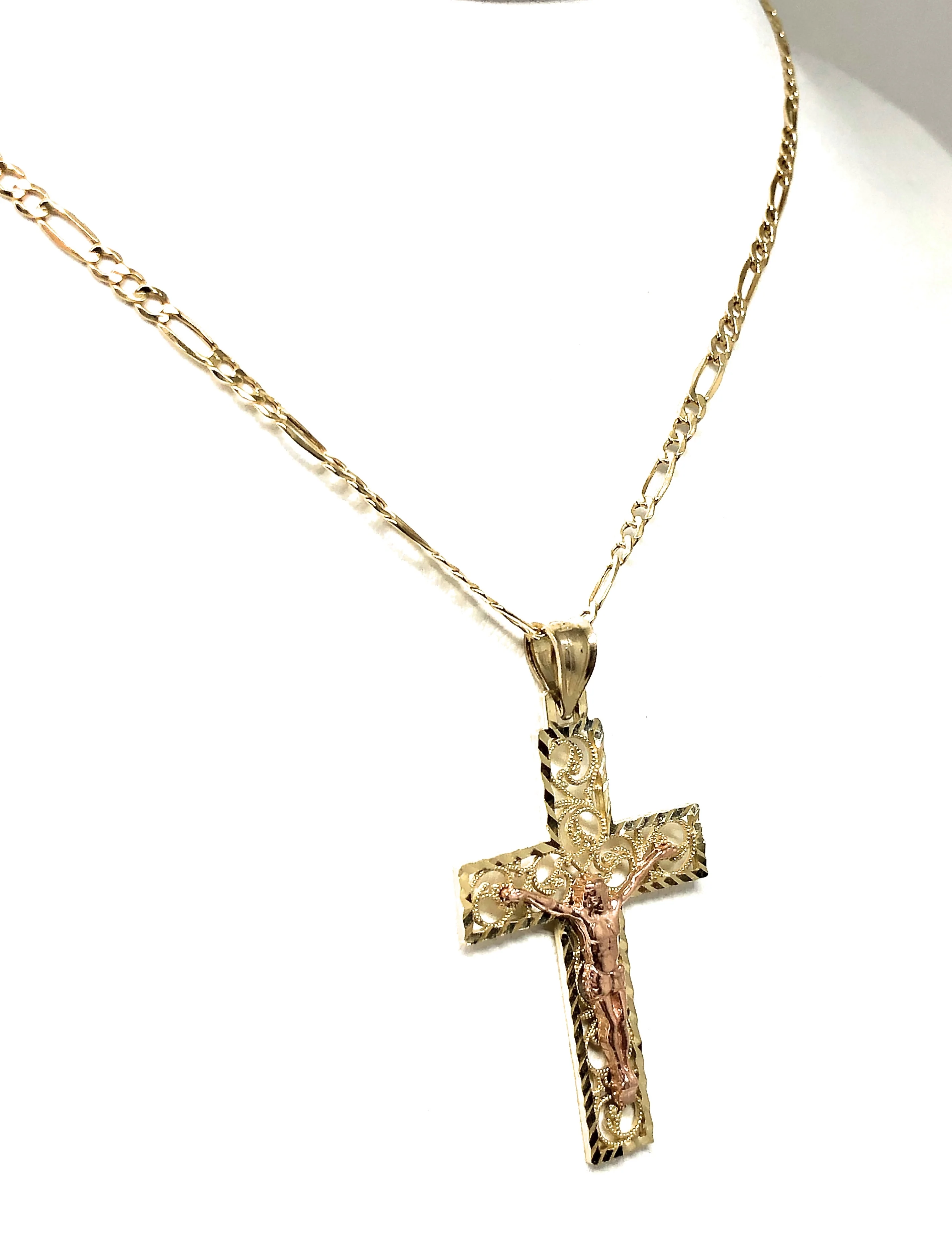 14k Solid Gold Yellow & Rose 2-Tone Filigran Jesus Cross Crucifix Pendant Necklace (SM, MED) - Image 7