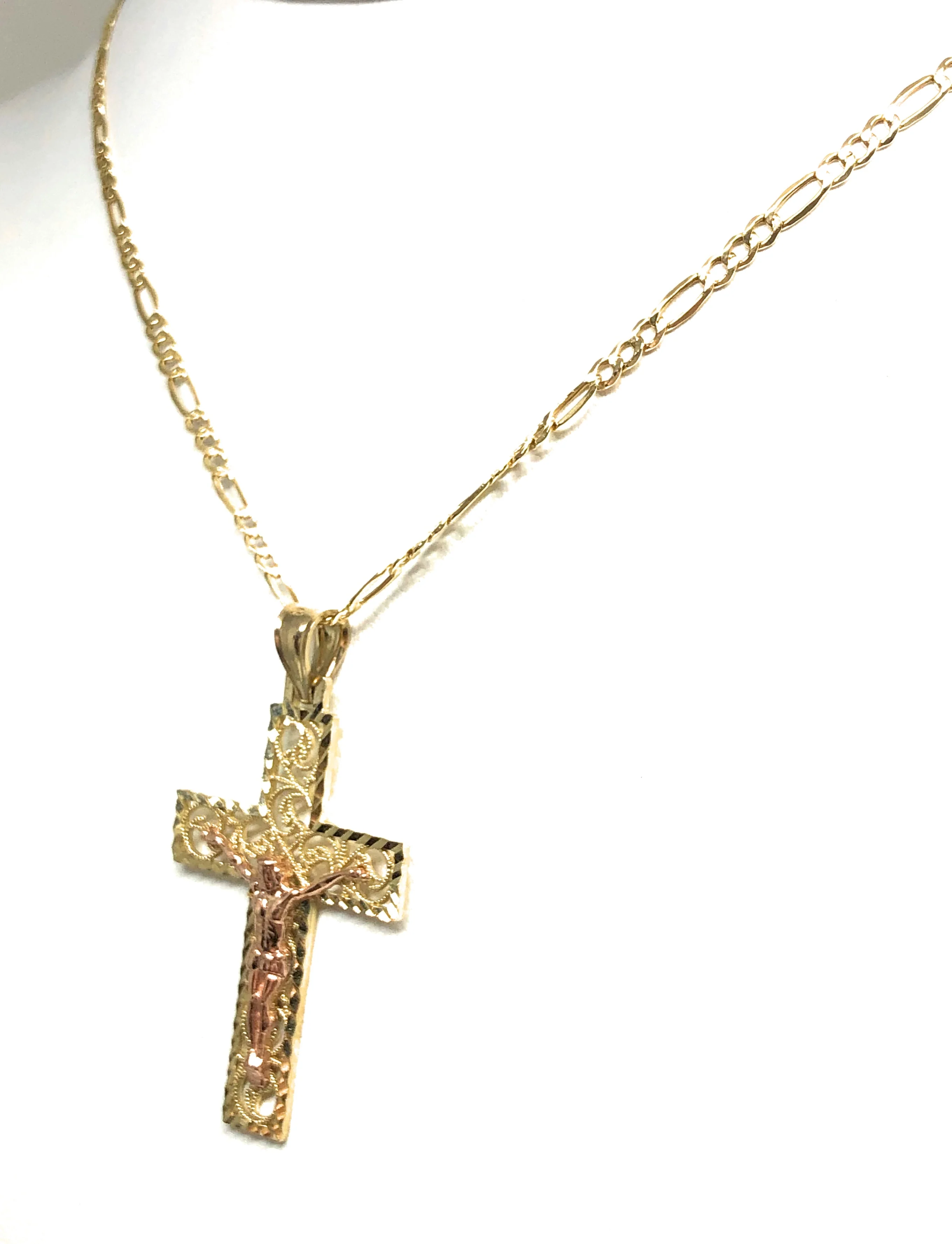14k Solid Gold Yellow & Rose 2-Tone Filigran Jesus Cross Crucifix Pendant Necklace (SM, MED) - Image 8