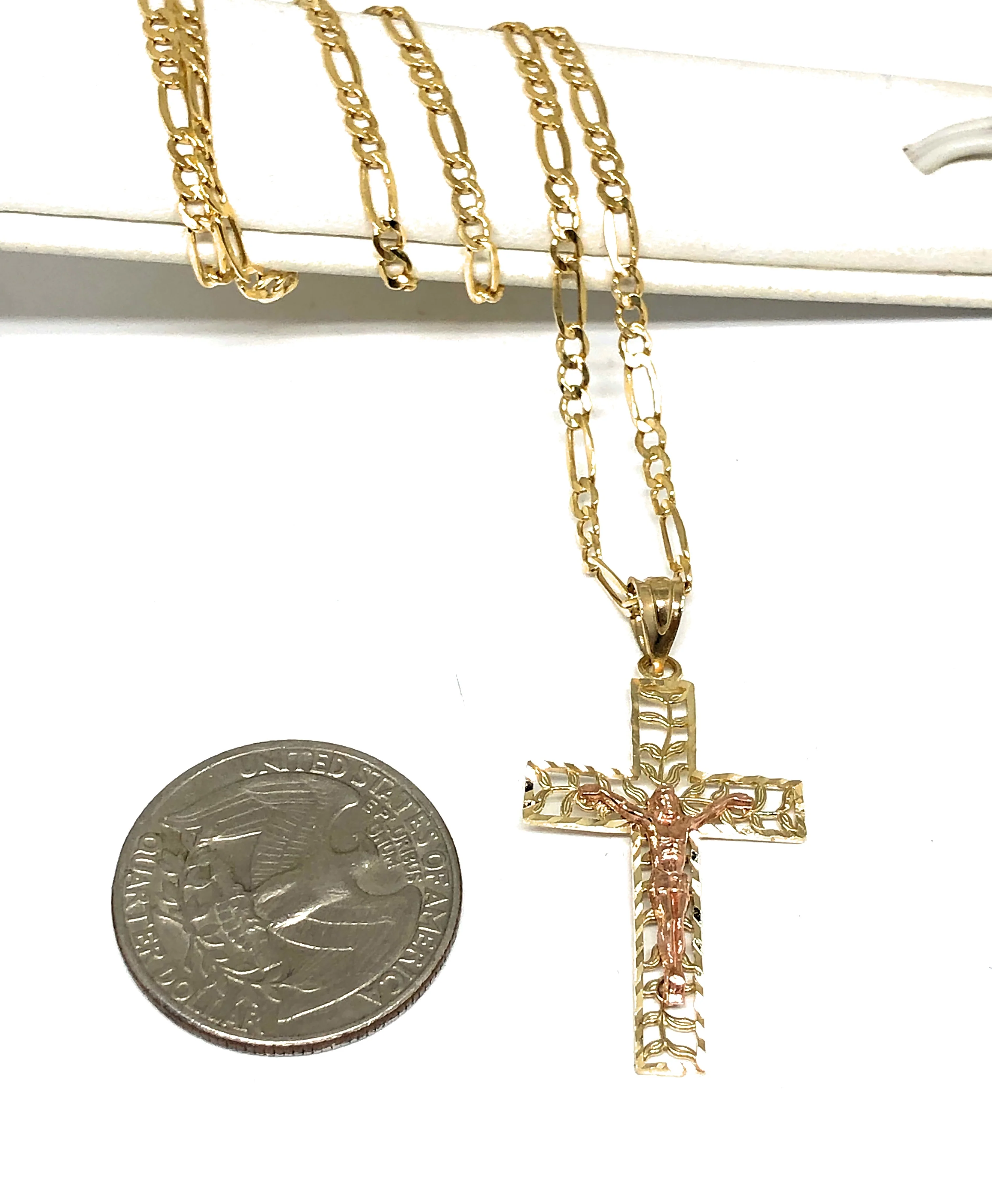 14k Solid Gold Yellow & Rose 2-Tone Filigran Leaf Jesus Cross Crucifix Pendant Necklace - Image 2