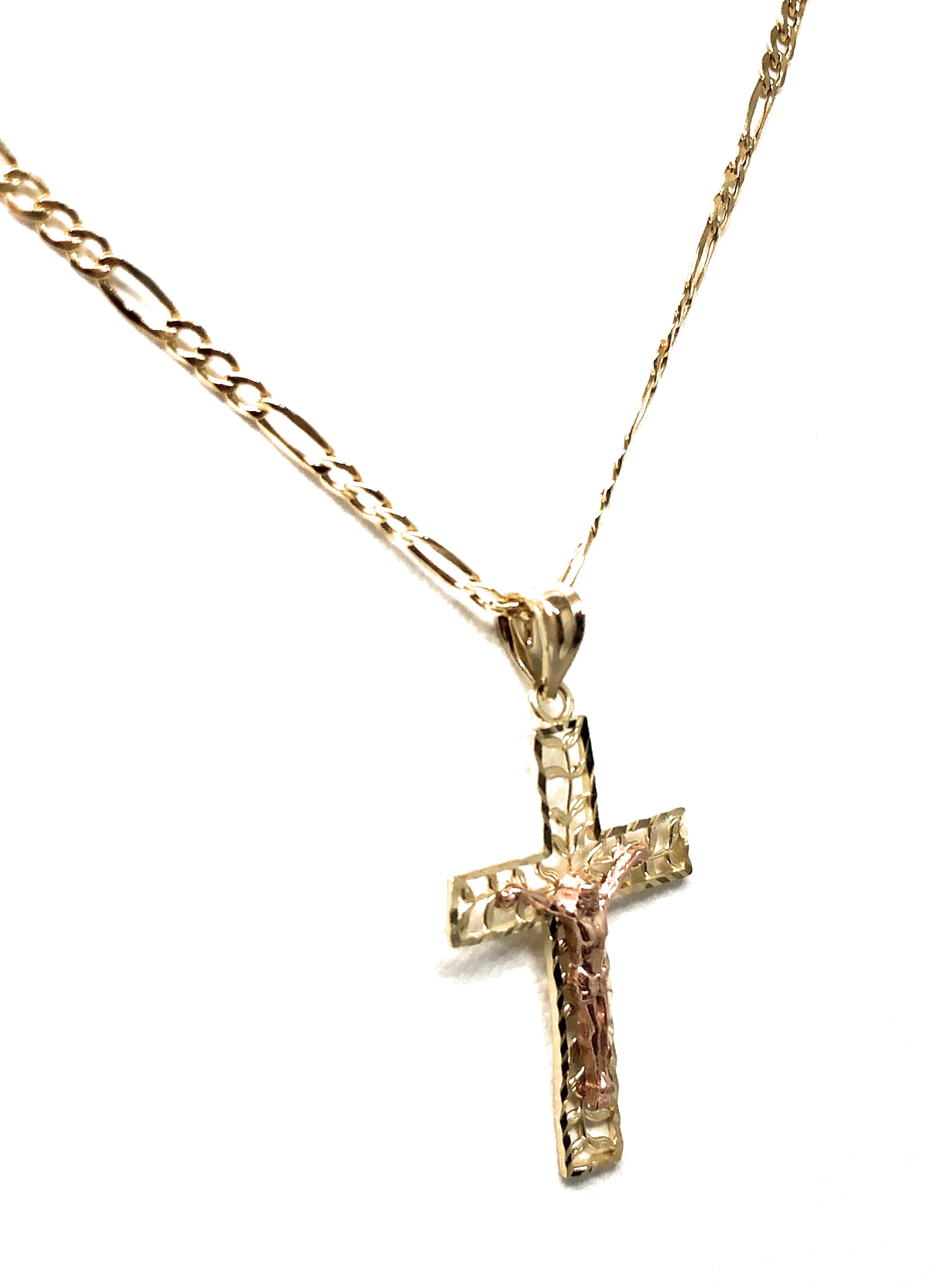 14k Solid Gold Yellow & Rose 2-Tone Filigran Leaf Jesus Cross Crucifix Pendant Necklace - Image 5