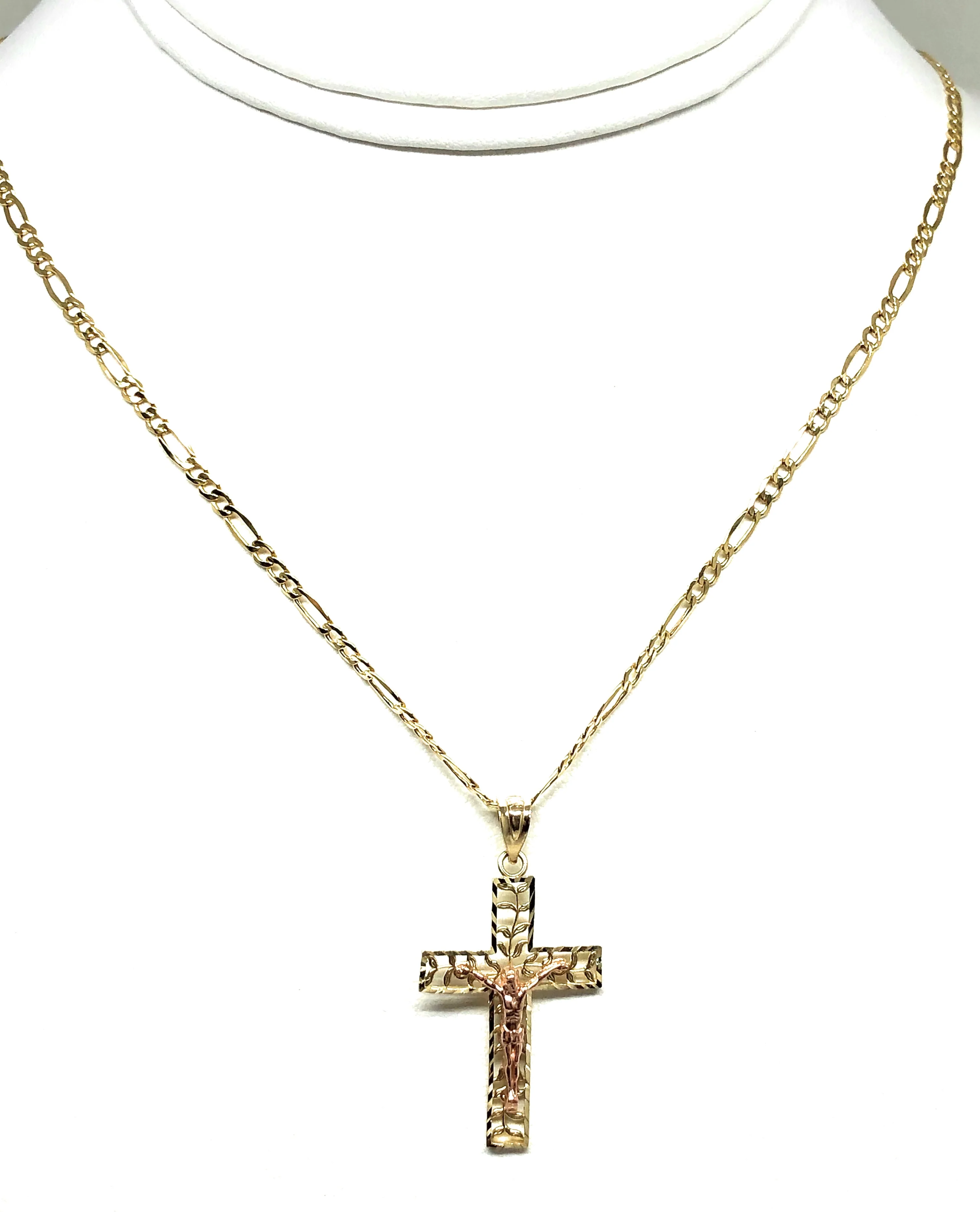 14k Solid Gold Yellow & Rose 2-Tone Filigran Leaf Jesus Cross Crucifix Pendant Necklace - Image 6