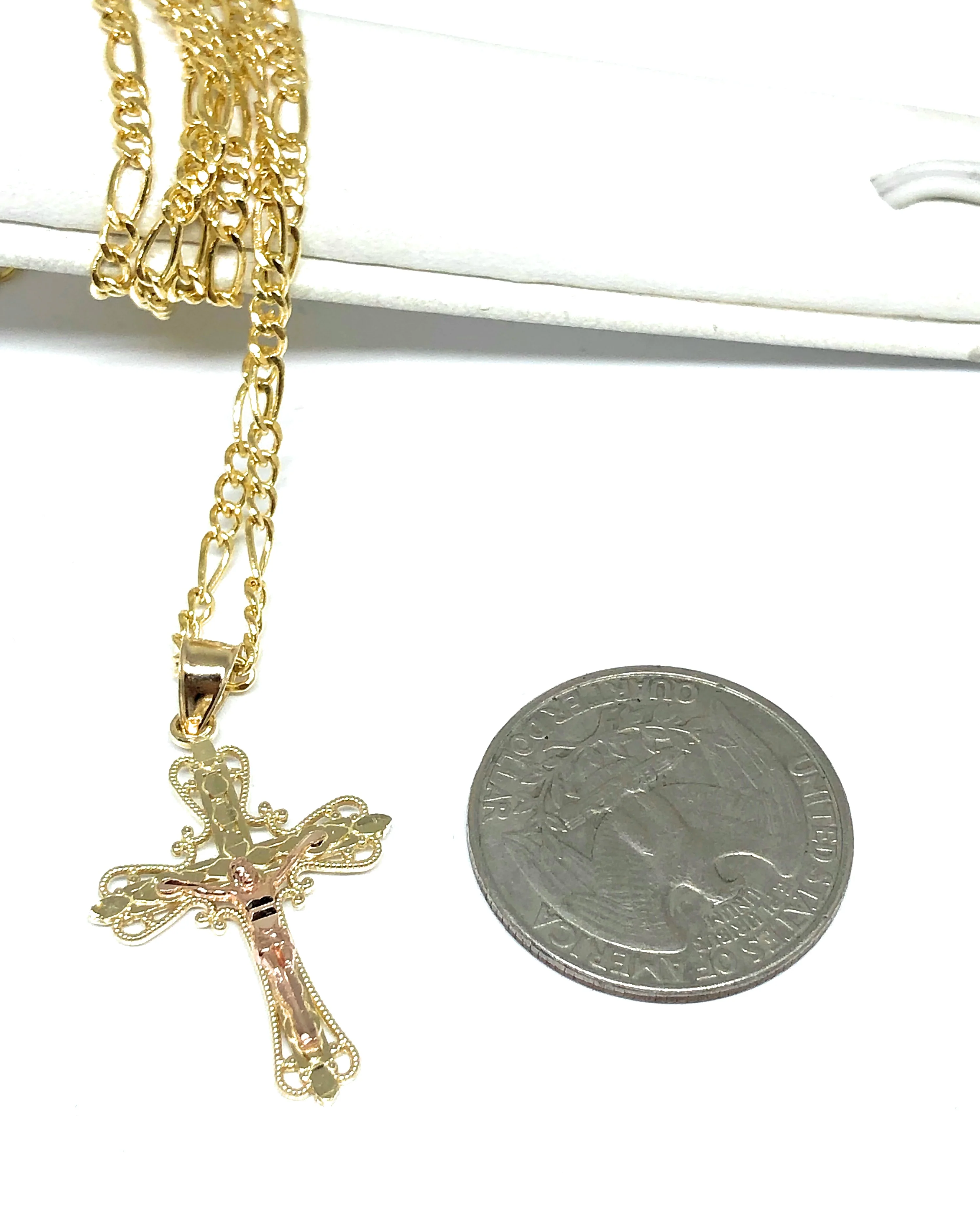 14k Solid Gold Yellow & Rose 2-Tone Jesus Cross Crucifix Pendant Necklace - Image 2