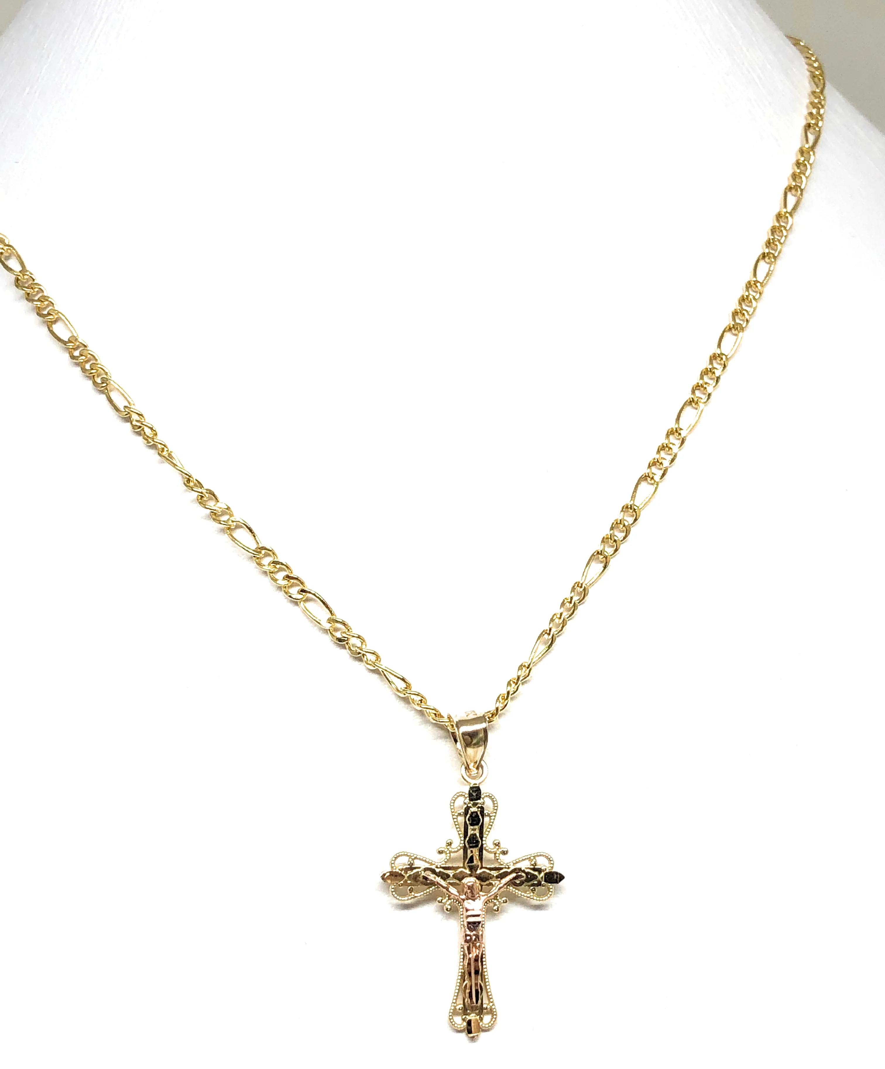 14k Solid Gold Yellow & Rose 2-Tone Jesus Cross Crucifix Pendant Necklace - Image 3