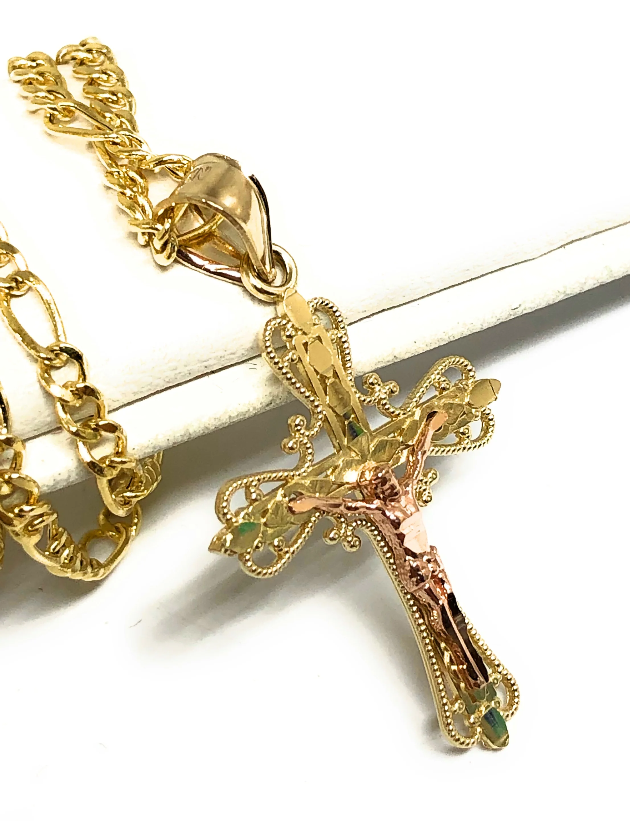 14k Solid Gold Yellow & Rose 2-Tone Jesus Cross Crucifix Pendant Necklace - Image 6