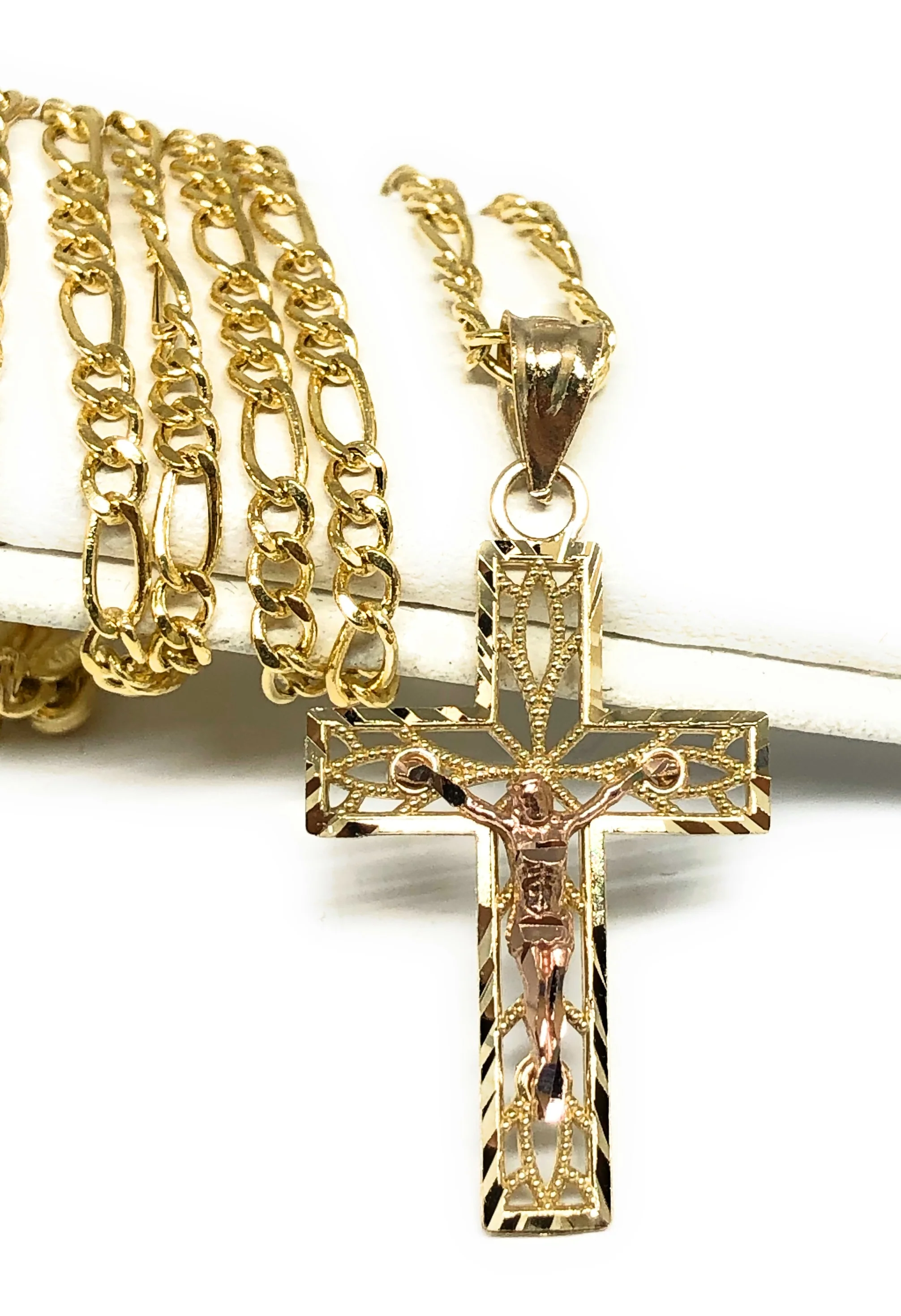 14k Solid Gold Yellow & Rose 2-Tone Jesus Cross Crucifix Pendant Necklace