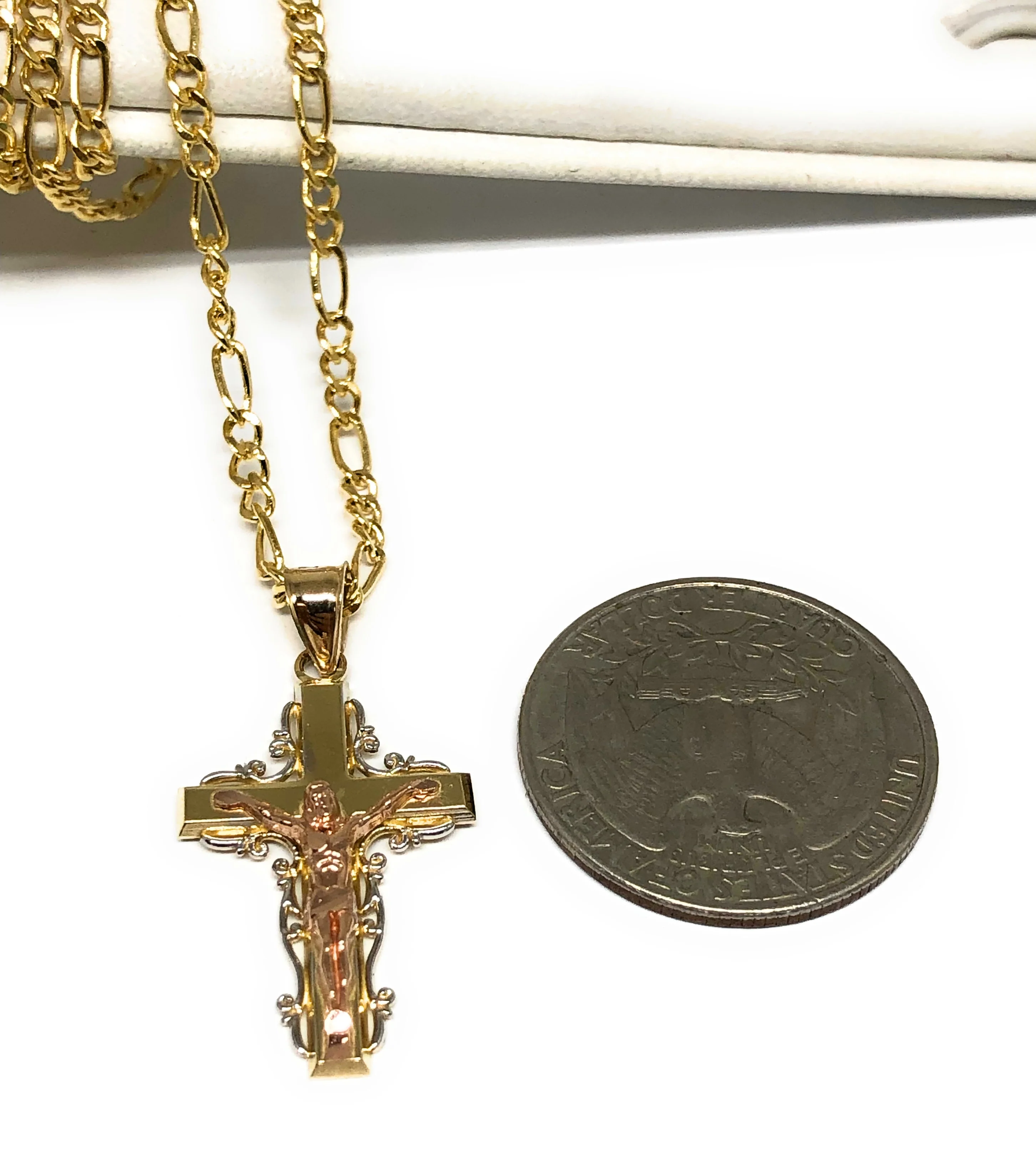 14k Solid Gold Yellow & Rose 2-Tone Jesus Cross Crucifix Pendant Necklace - Image 2