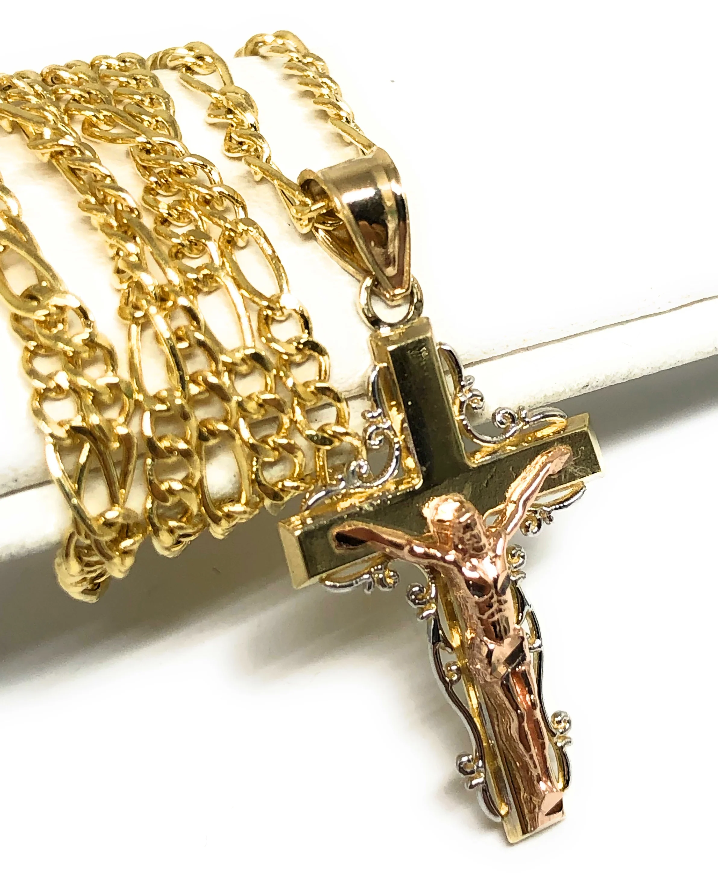 14k Solid Gold Yellow & Rose 2-Tone Jesus Cross Crucifix Pendant Necklace - Image 3