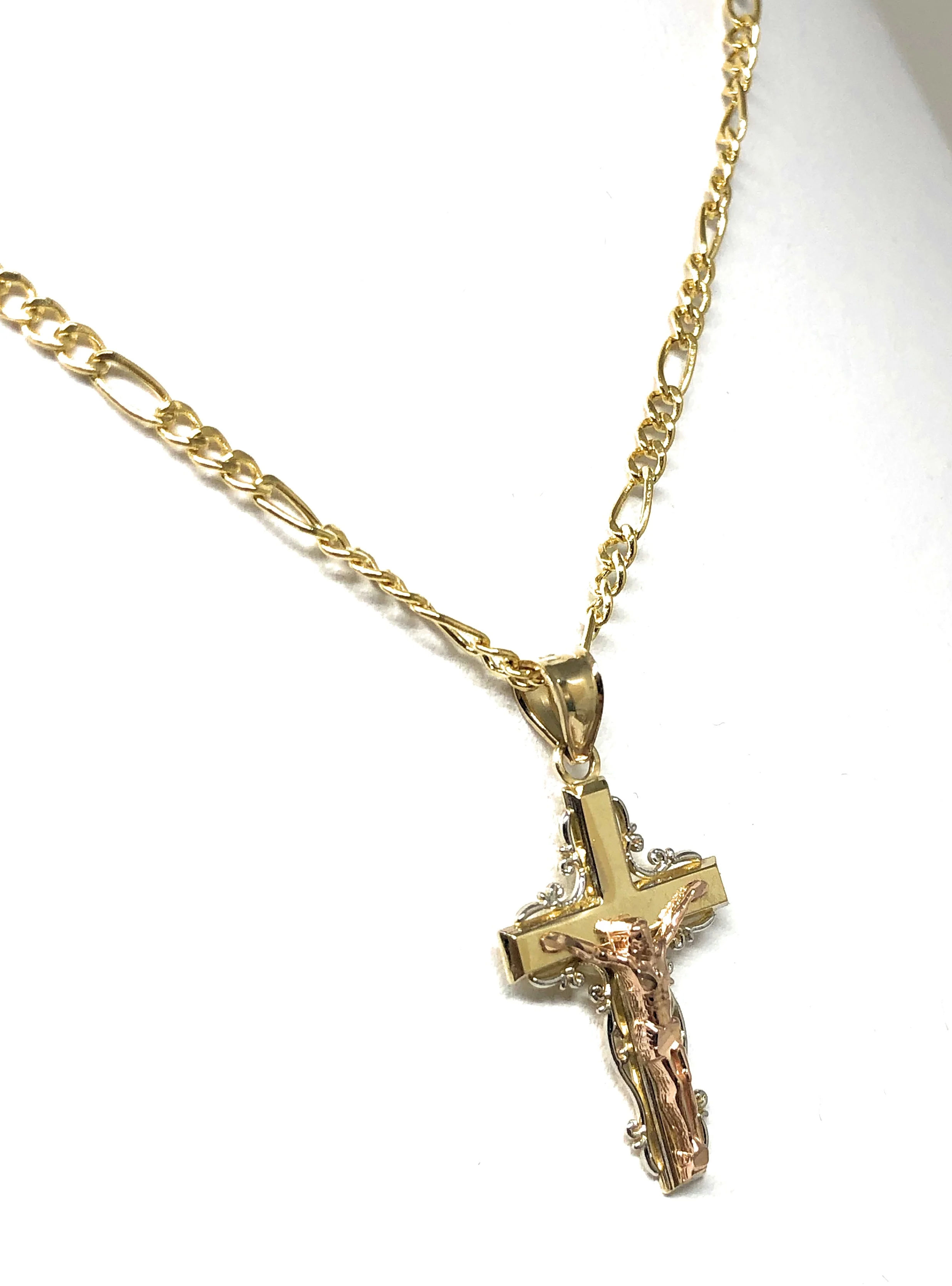 14k Solid Gold Yellow & Rose 2-Tone Jesus Cross Crucifix Pendant Necklace - Image 5
