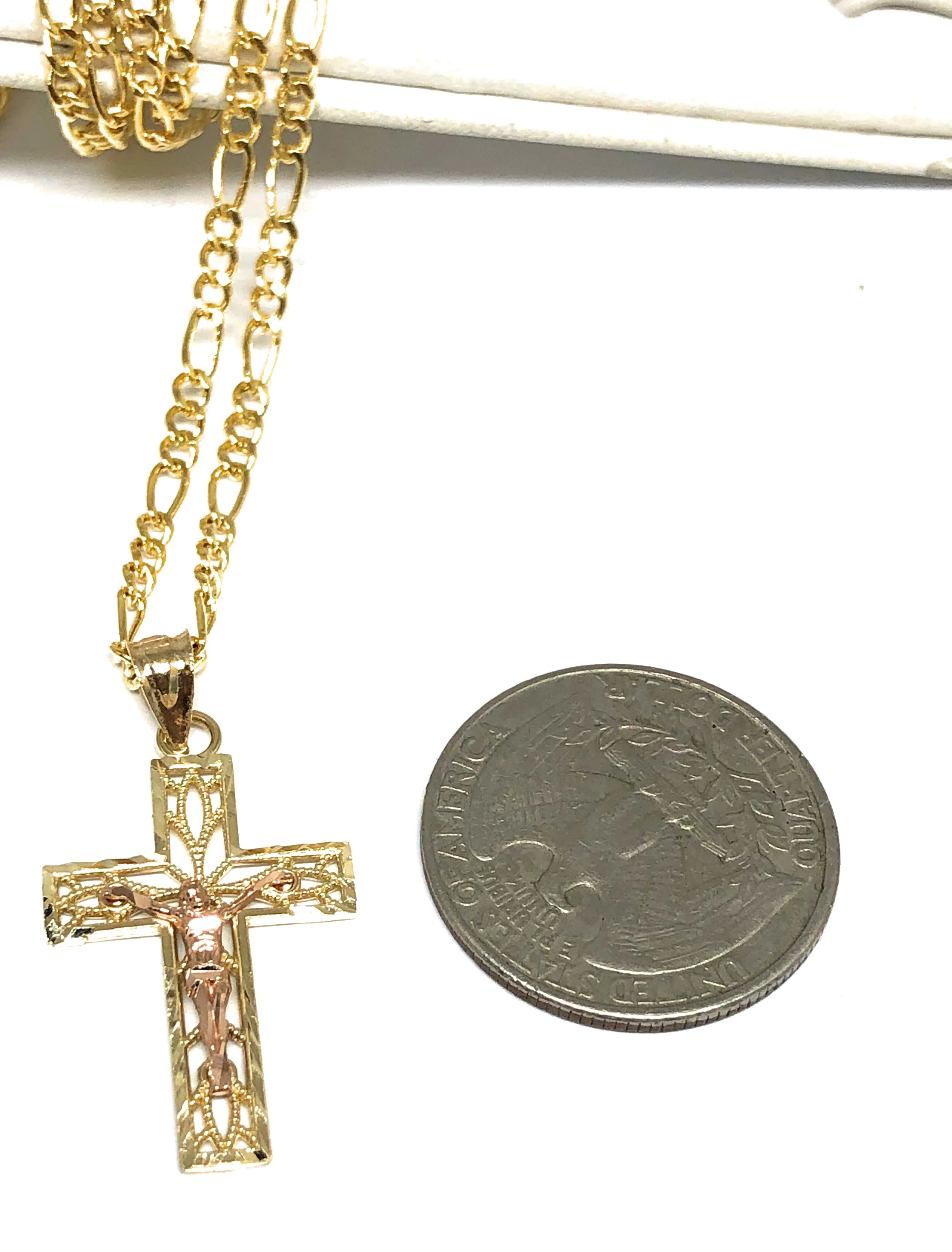 14k Solid Gold Yellow & Rose 2-Tone Jesus Cross Crucifix Pendant Necklace - Image 2